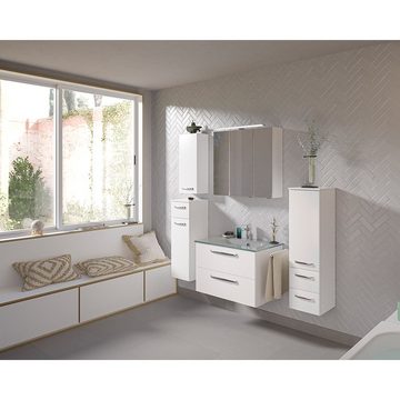 Lomadox Waschtisch-Set TRENTO-66, (Spar-Set, 3-St., 3-tlg), Waschplatz Badezimmer mit Glaswaschbecken in weiß Glanz 77/200/50 cm