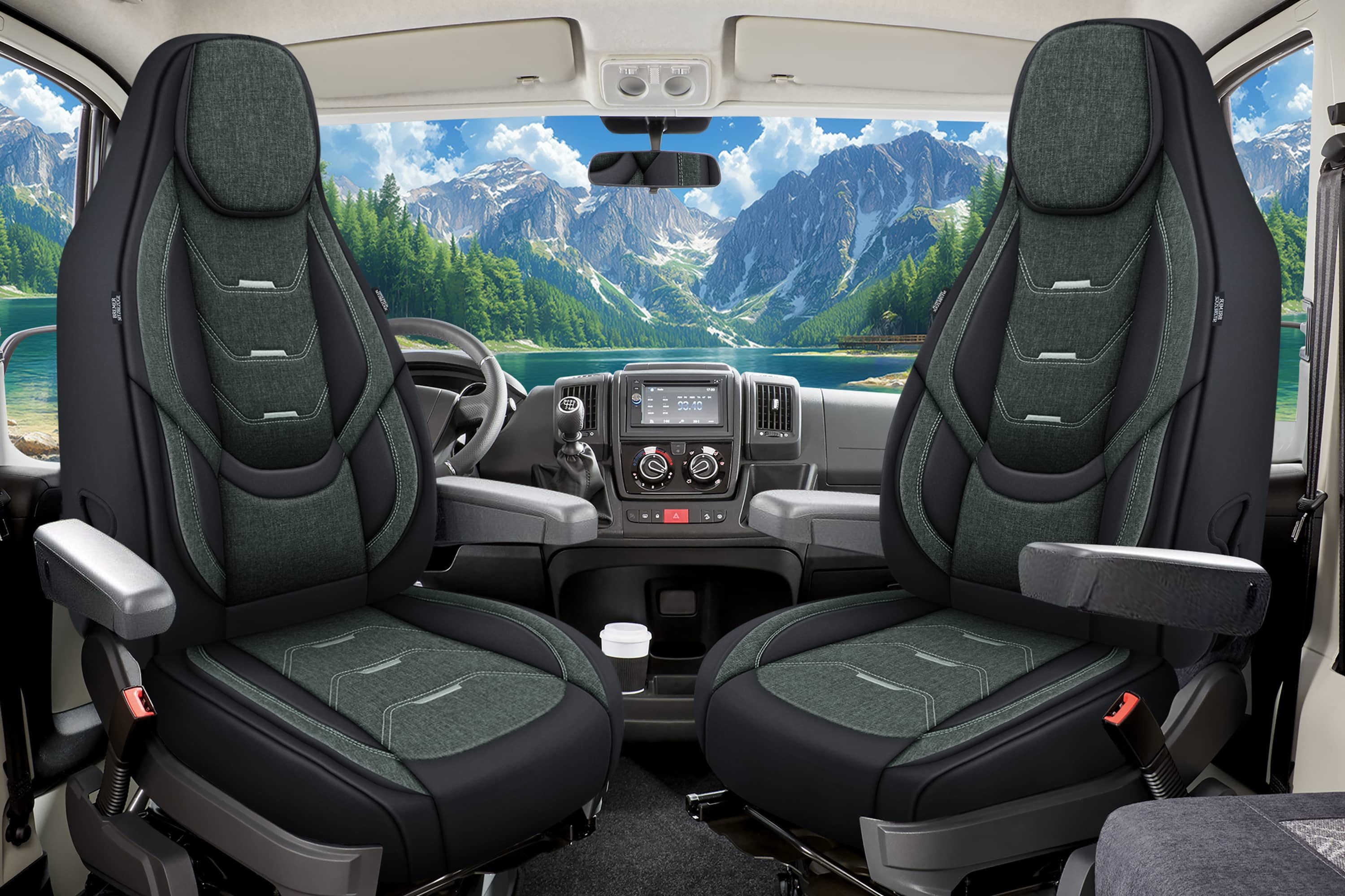 BREMER SITZBEZÜGE Autositzbezug für für Hobby Optima De Luxe (H13), Set, Schonbezüge Sitzbezüge Fahrer und Beifahrer, in Schwarz/Olivgrün