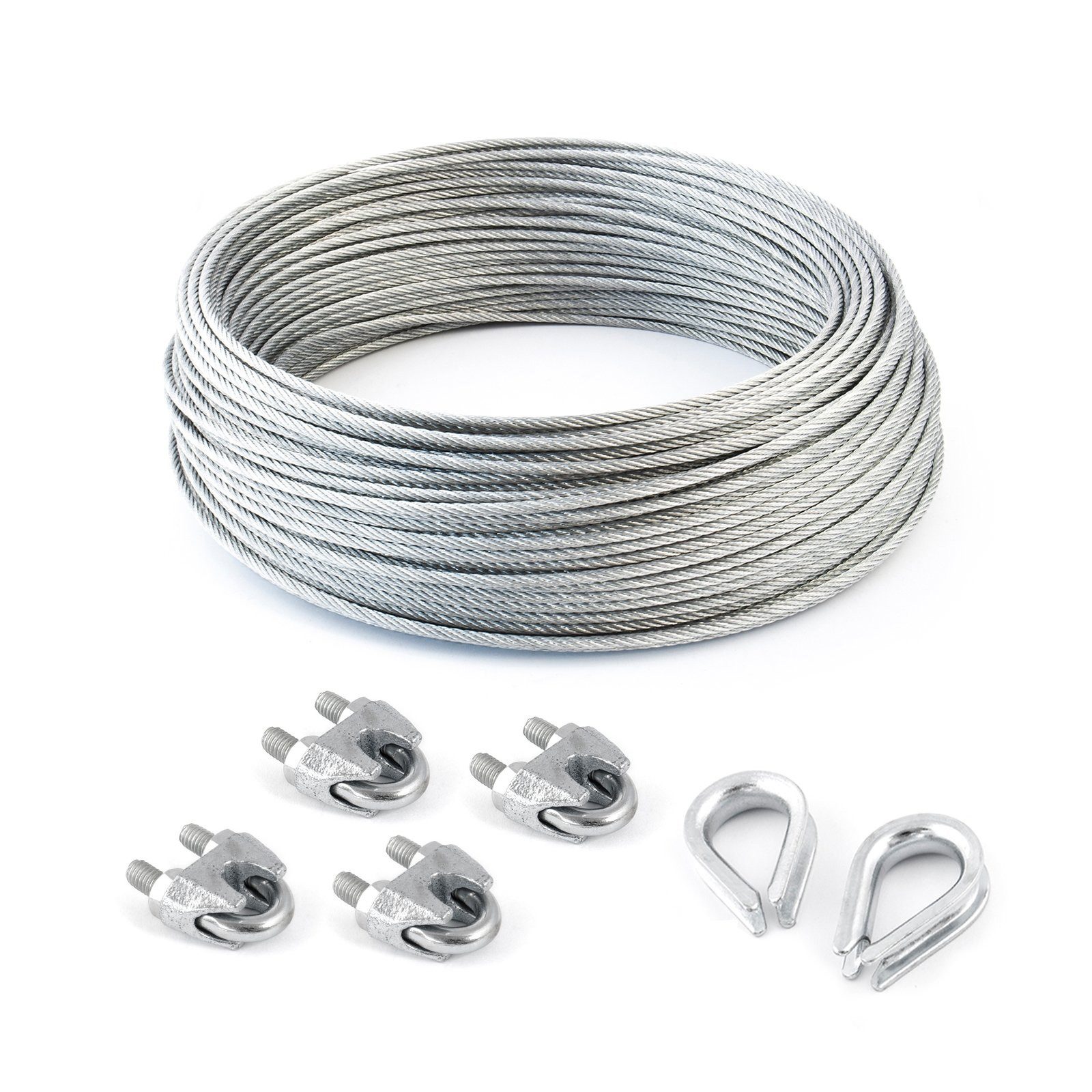 DQ-PP Drahtseil DQ-PP Stahlseil SET 5m, 3-5mm, 6x7, Klemmen, Kauschen, Schrauben