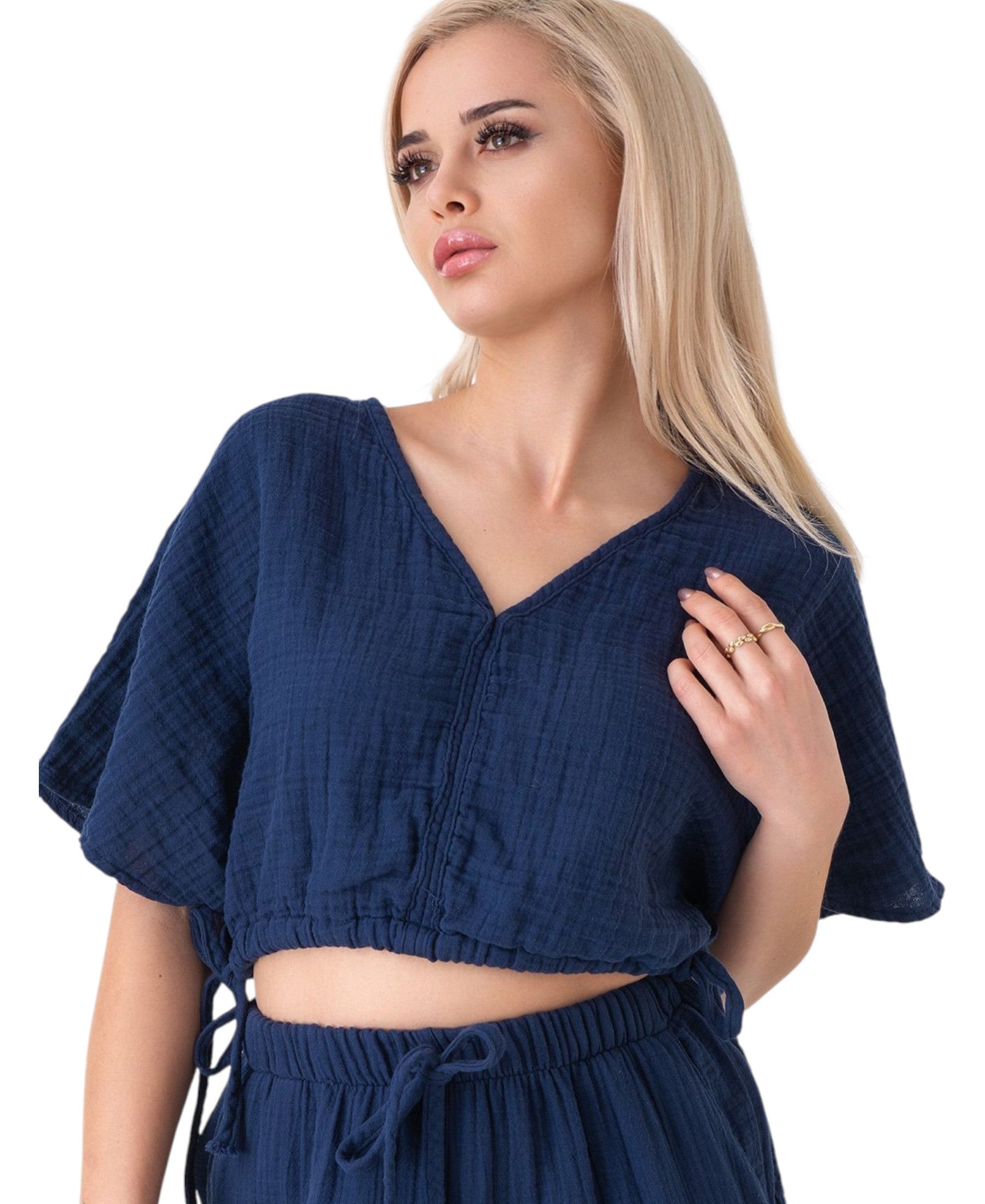 WENOR Crop-Top Musselin Bluse Cropped-Oberteil mit Tunnelzug und V-Ausschni günstig online kaufen