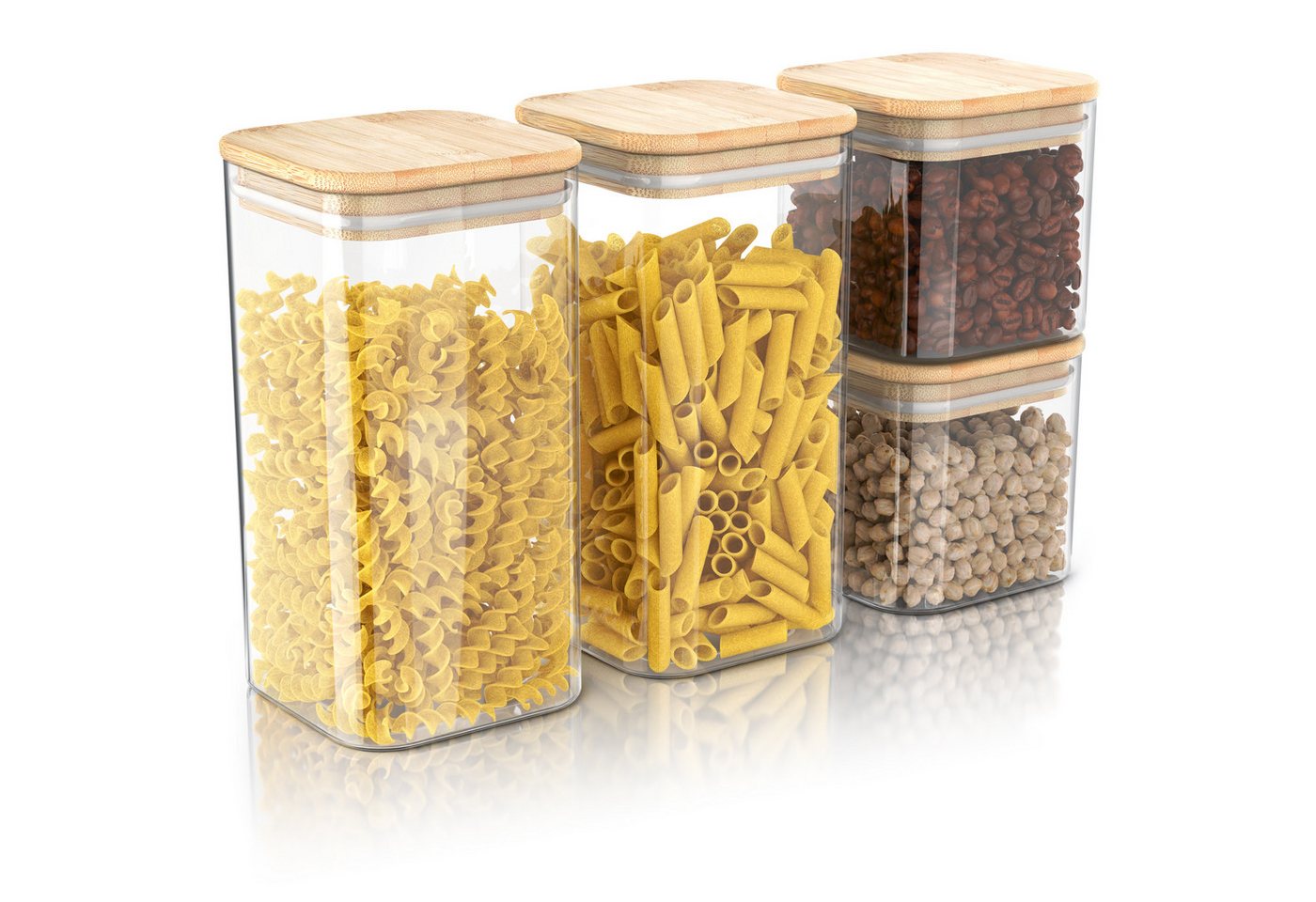 Arendo Aufbewahrungsbecher Glasbehälter 2x 0,8L & 2x1,65L Borosilikatglas Bambusdeckel luftdicht, Borosilikatglas, Bambus, Silikon, (Vorratsbehälter-Set, 4-tlg., 4er Set), Hitzebeständig, umweltfreundlich, langlebig, mikrowellengeeignet