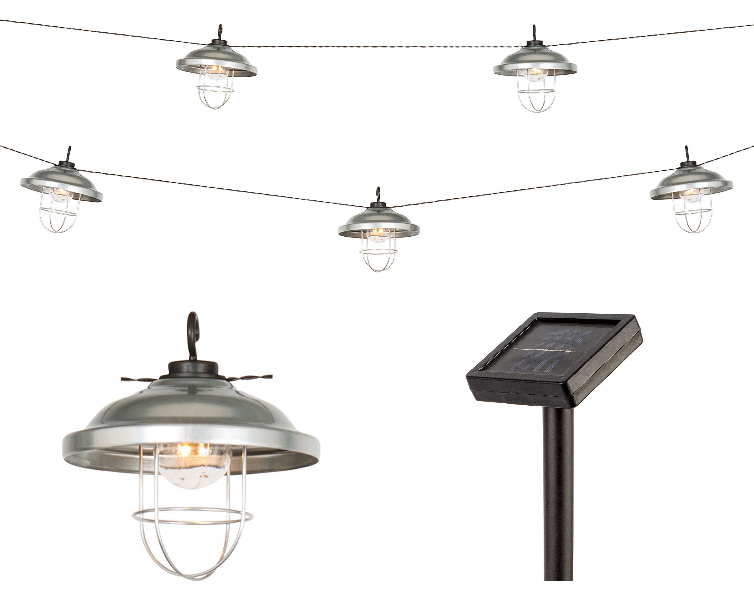 Lumineo LED Solarleuchte, Twinkle Effekt, klassisch warm, LED Solar Lichterkette Industrieleuchten 2,5m Metall Warmweiß