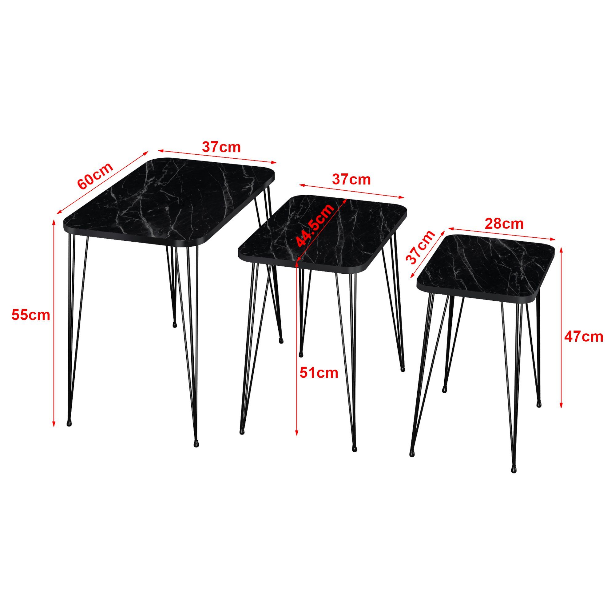 en.casa Satztisch, Rudkøbing Satztisch mit Hairpinlegs in 3er Set Marmor, schwarz