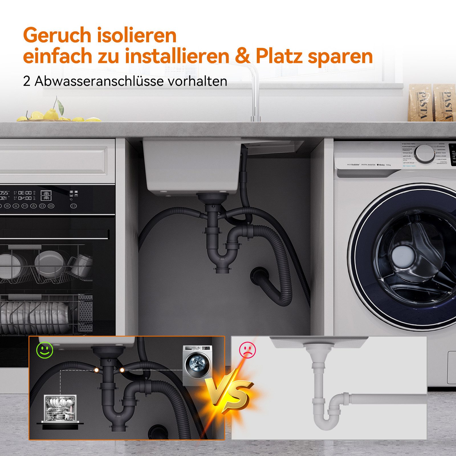 HOROW Granitspüle Granit Spüle in Schwarz 1 Becken Einbauspüle in 57 x 45 cm, 57/45 cm, mit Siphon Ab- und Überlaufgarnitur – Bild 5 von 5