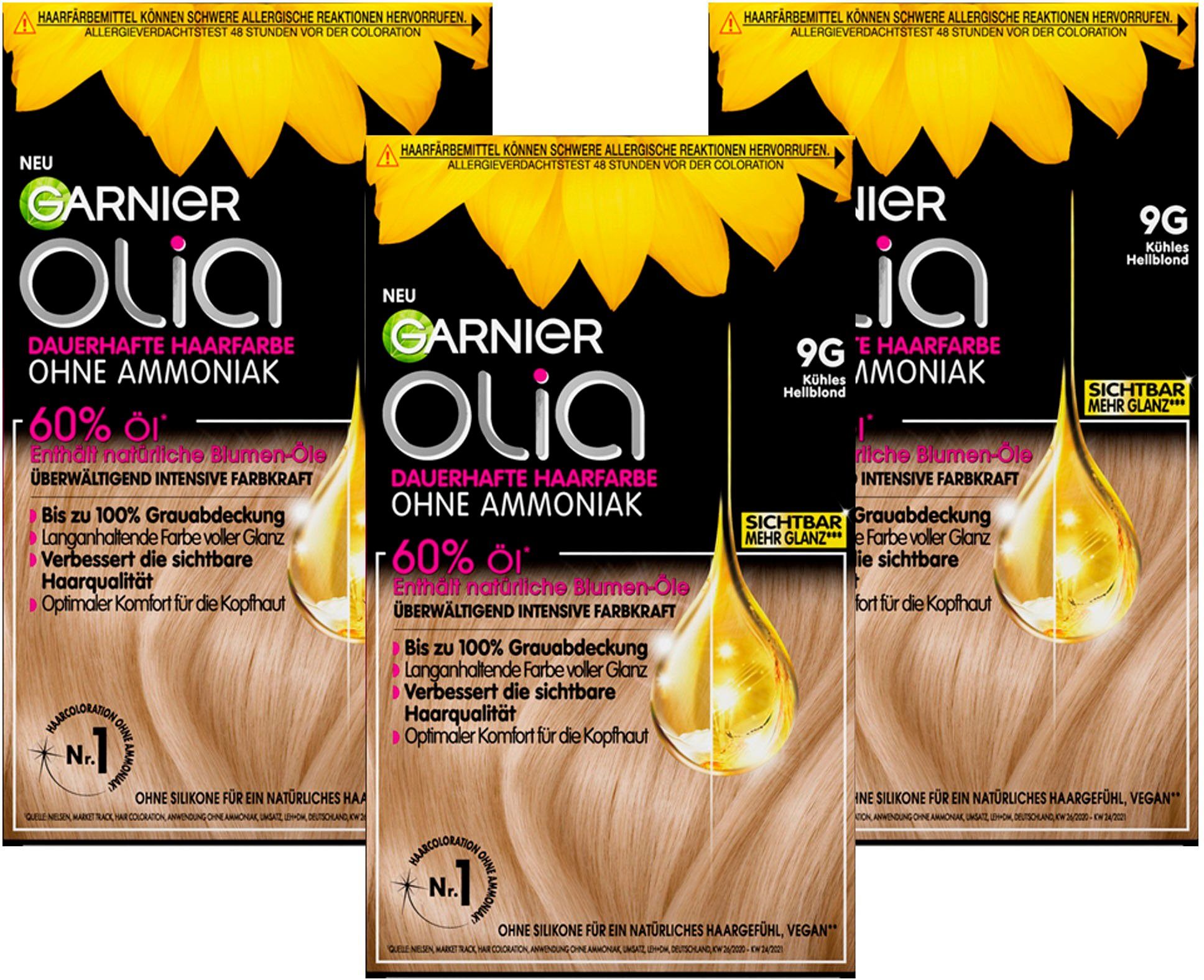 GARNIER Coloration OLIA DE 9G LIGHT GREIGE, Set, 3-tlg., mit pflegender Formel