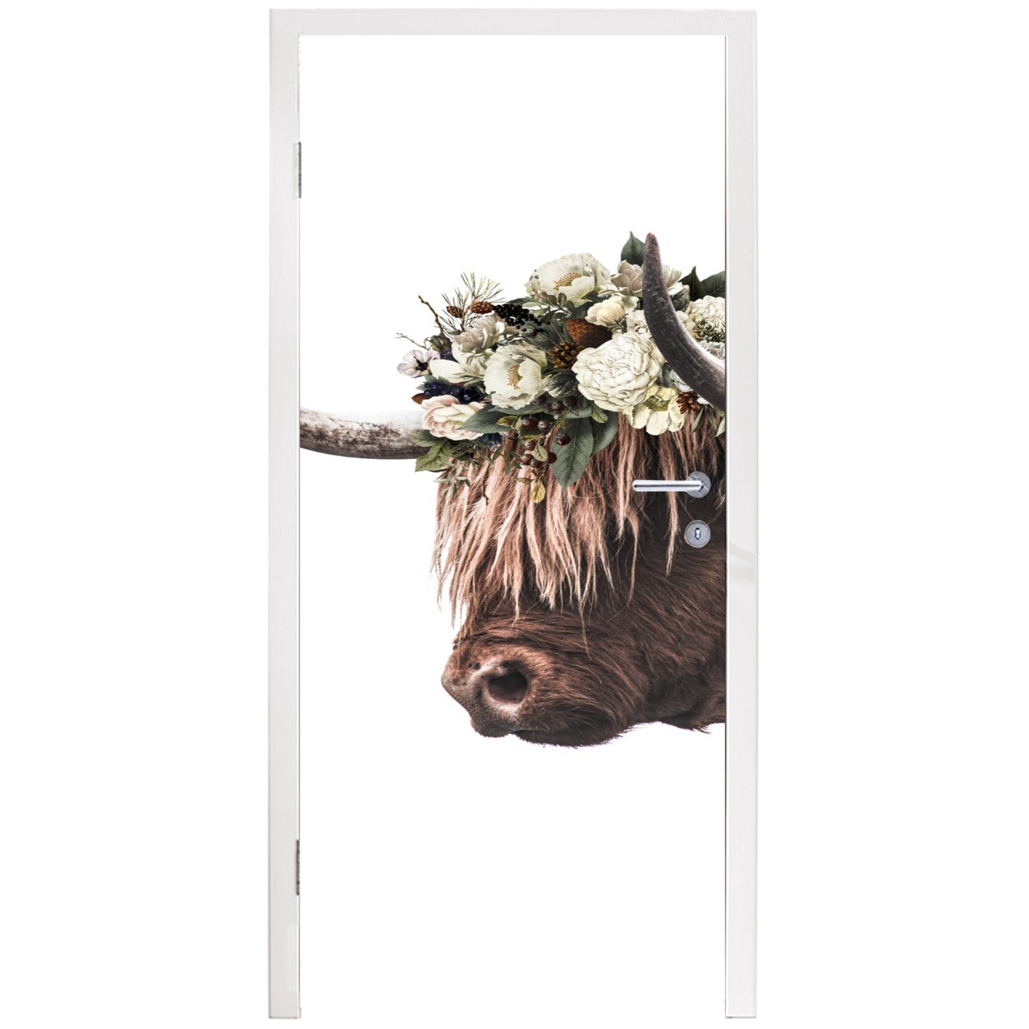 MuchoWow Türtapete bedruckt, - St), - Fototapete Tür, Türaufkleber, für Schottischer cm (1 Highlander 75x205 Weiß, Matt, Blumen