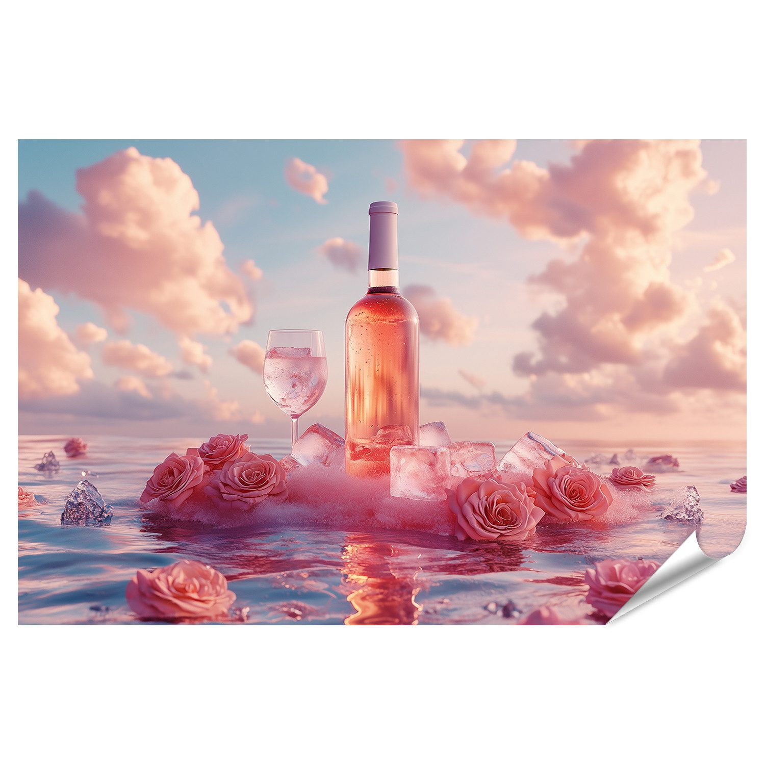 islandburner Poster Roséwein und Rosen im Sonnenuntergang