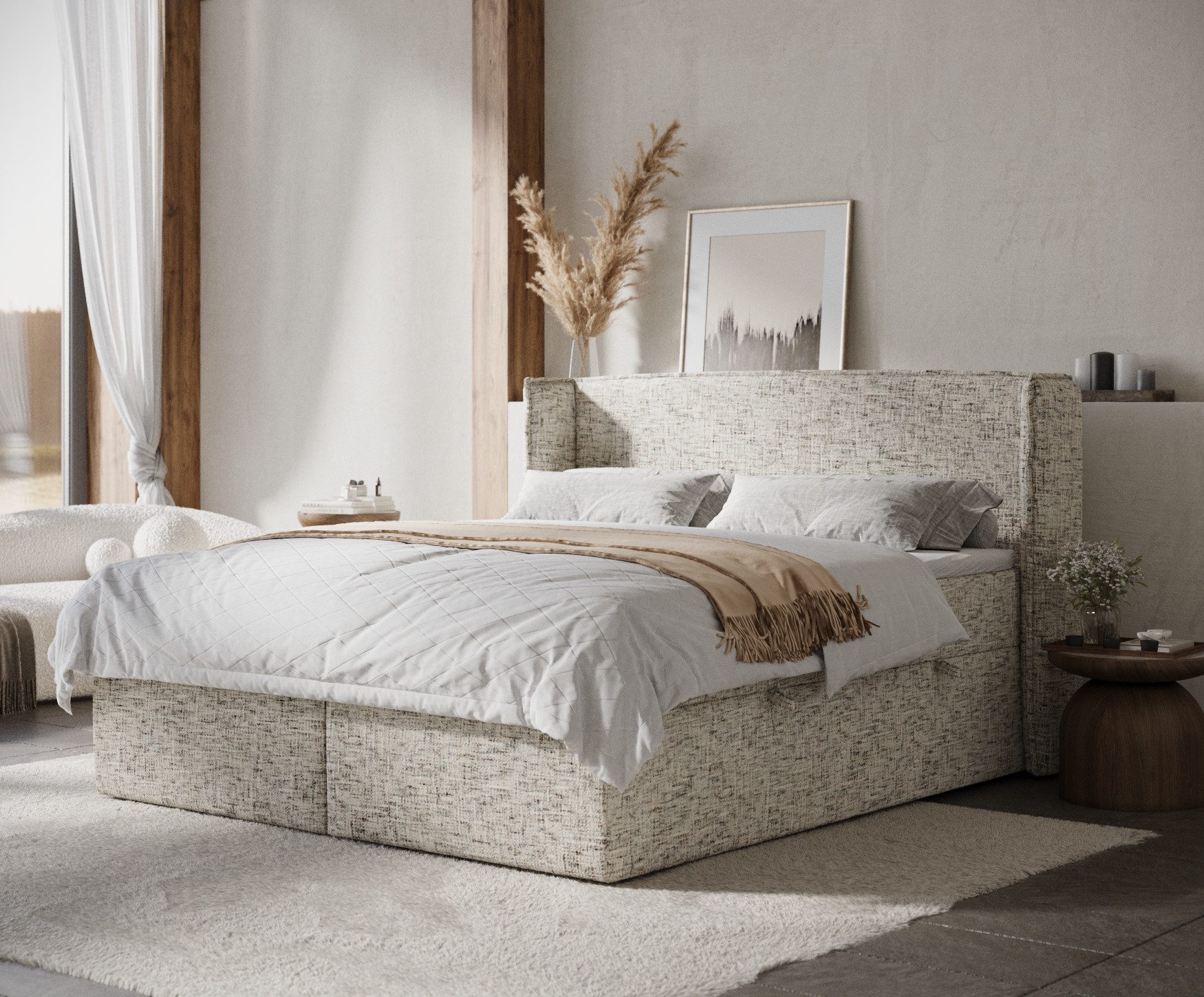 Maison de Rêve Boxbett Skyline mit Bettkasten (Matratze, Stauraum, Kopfteil, Topper), Boxspringbett mit Taschenmatratze H3, Doppelbett, inkl. Visco-Topper