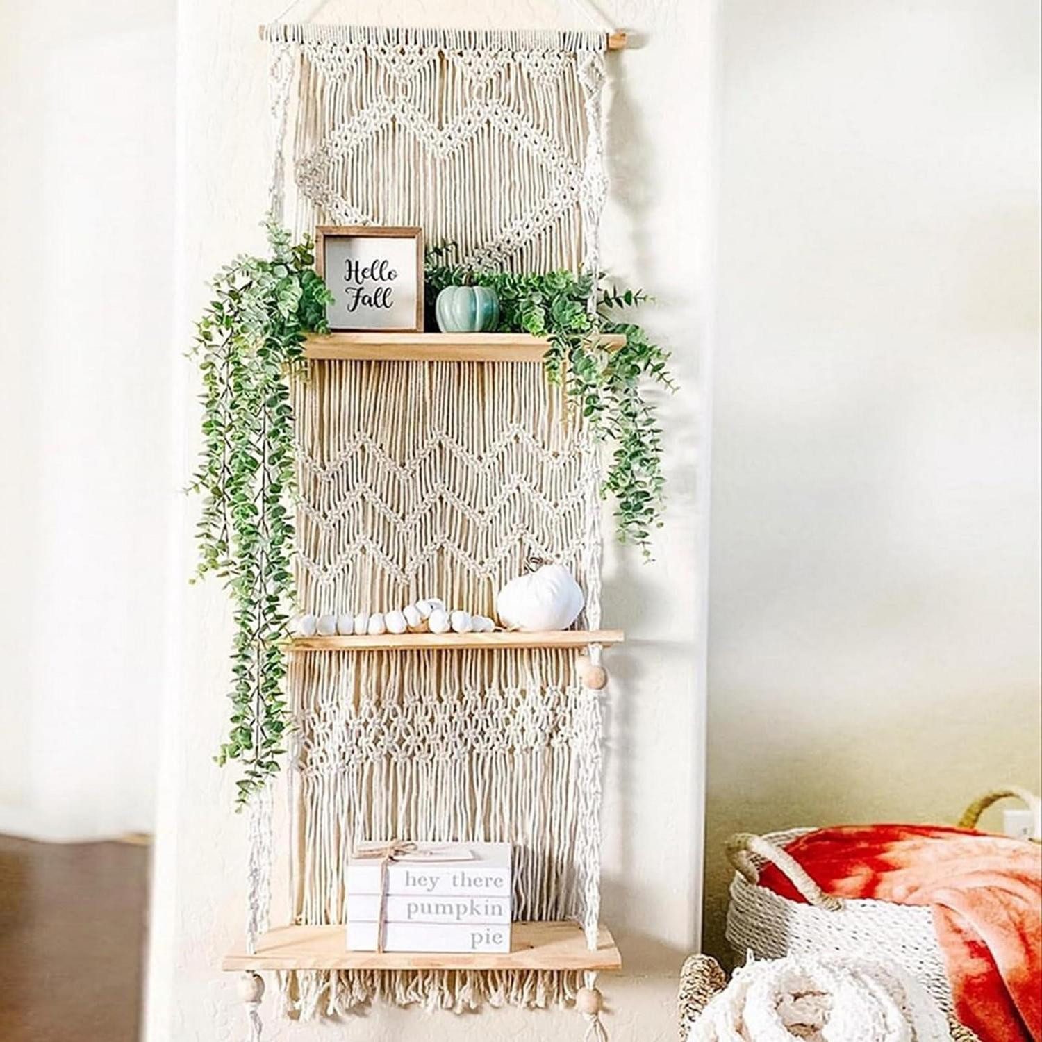 LuxusKollektion Hängeregal Wandregal Holz 3-Tier Makramee Boho, 1-tlg.