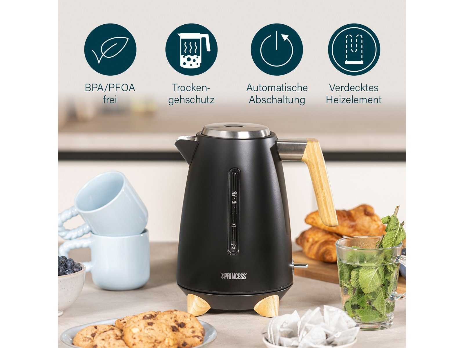PRINCESS Wasserkocher, 1.7 l, 3000 W, elektrischer Heißwasserbereiter kabellos schnell leise, Bambus Akzente