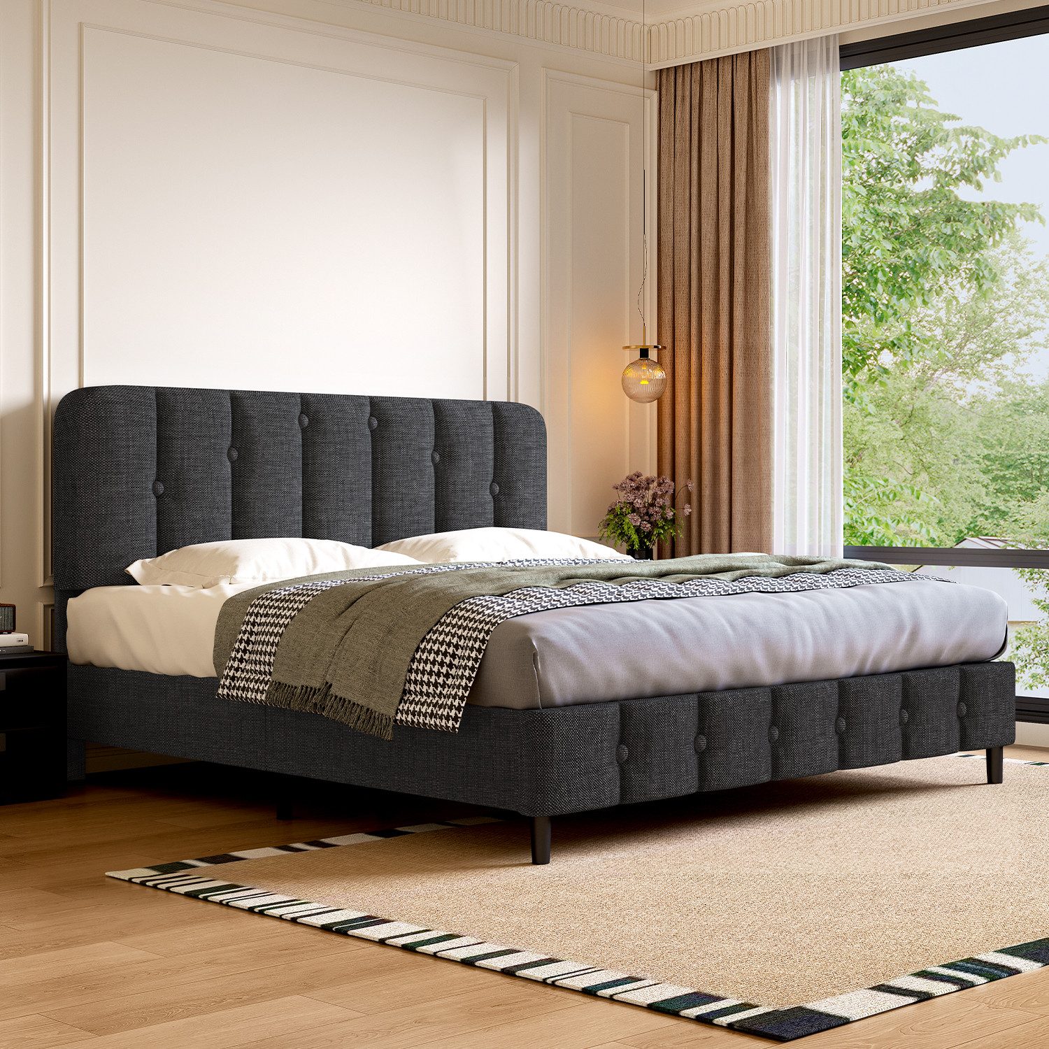 Lexzurn Polsterbett Polsterbett 140x200 cm Bett mit Lattenrost (Doppelbett mit gepolstertem Kopfteil, Einfache Montage, Robustes Gestell und Hochwertiger Leinenstoff), wählen Sie Größe und Farbe! Kostenlose Lieferung!