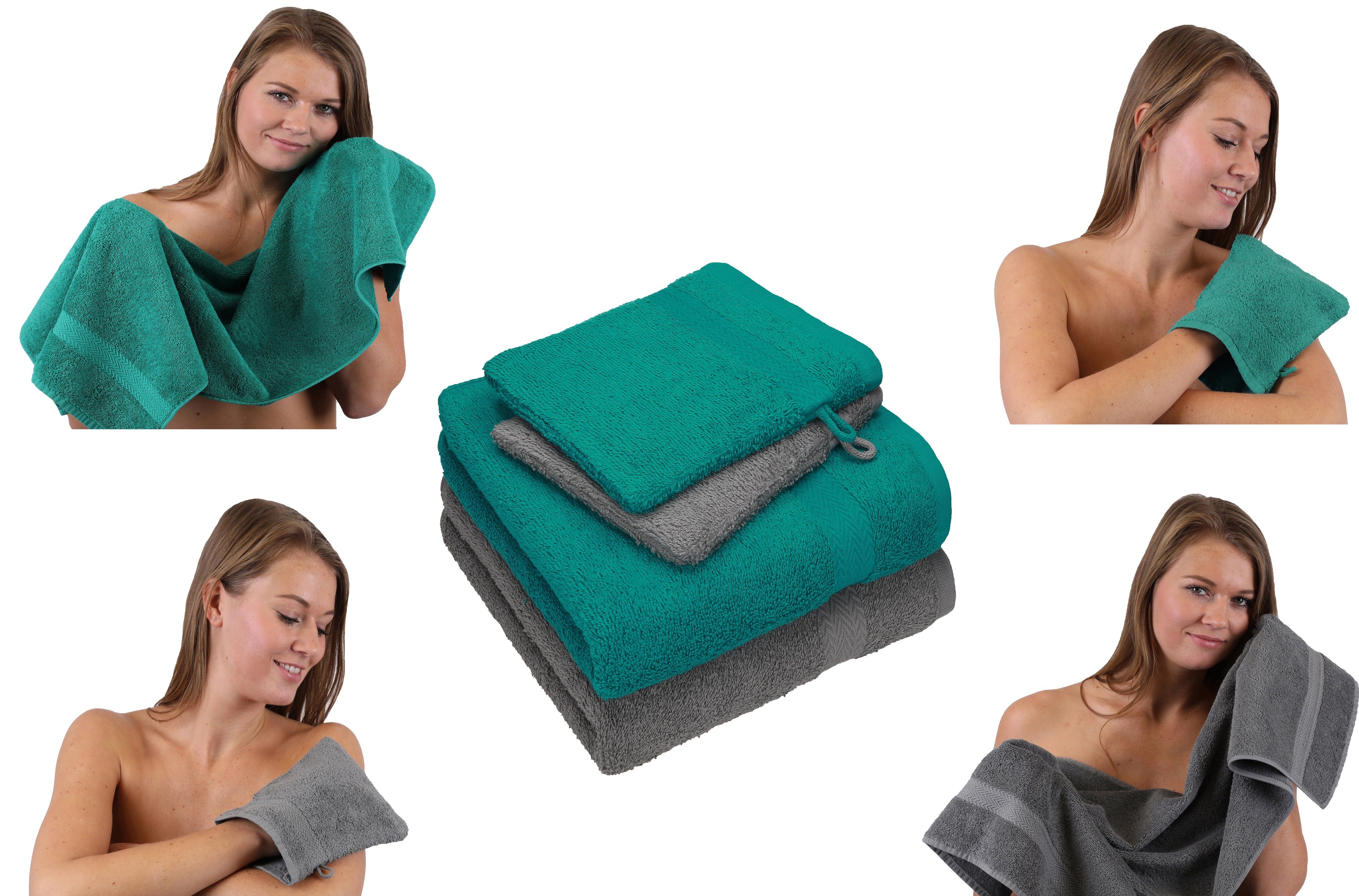 Betz Handtuch Set 4 Set 100% Pack 2 grau smaragdgrün Baumwolle 100% Handtücher Baumwolle - anthrazit Handtuch Happy 2 TLG. Waschhandschuhe