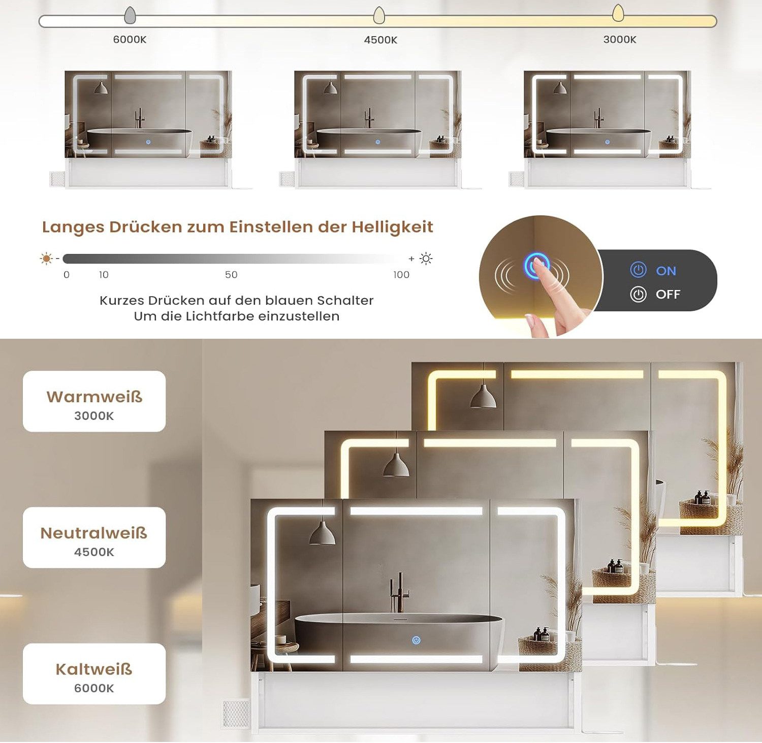 MSMASK Spiegelschrank mit LED-Beleuchtung und Steckdose, Badezimmerschrank mit verstellbarer Ablage, dimmbar, 60×17×60 cm – Bild 5 von 5