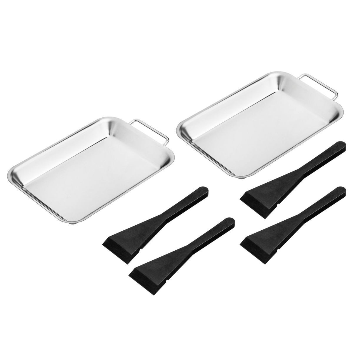 Haushalt International Grillschale Grillpfanne silber mit Schabern & Griff im 2er-Set aus Edelstahl, Edelstahl, Kunststoff, (6-St), spülmaschinengeeignet