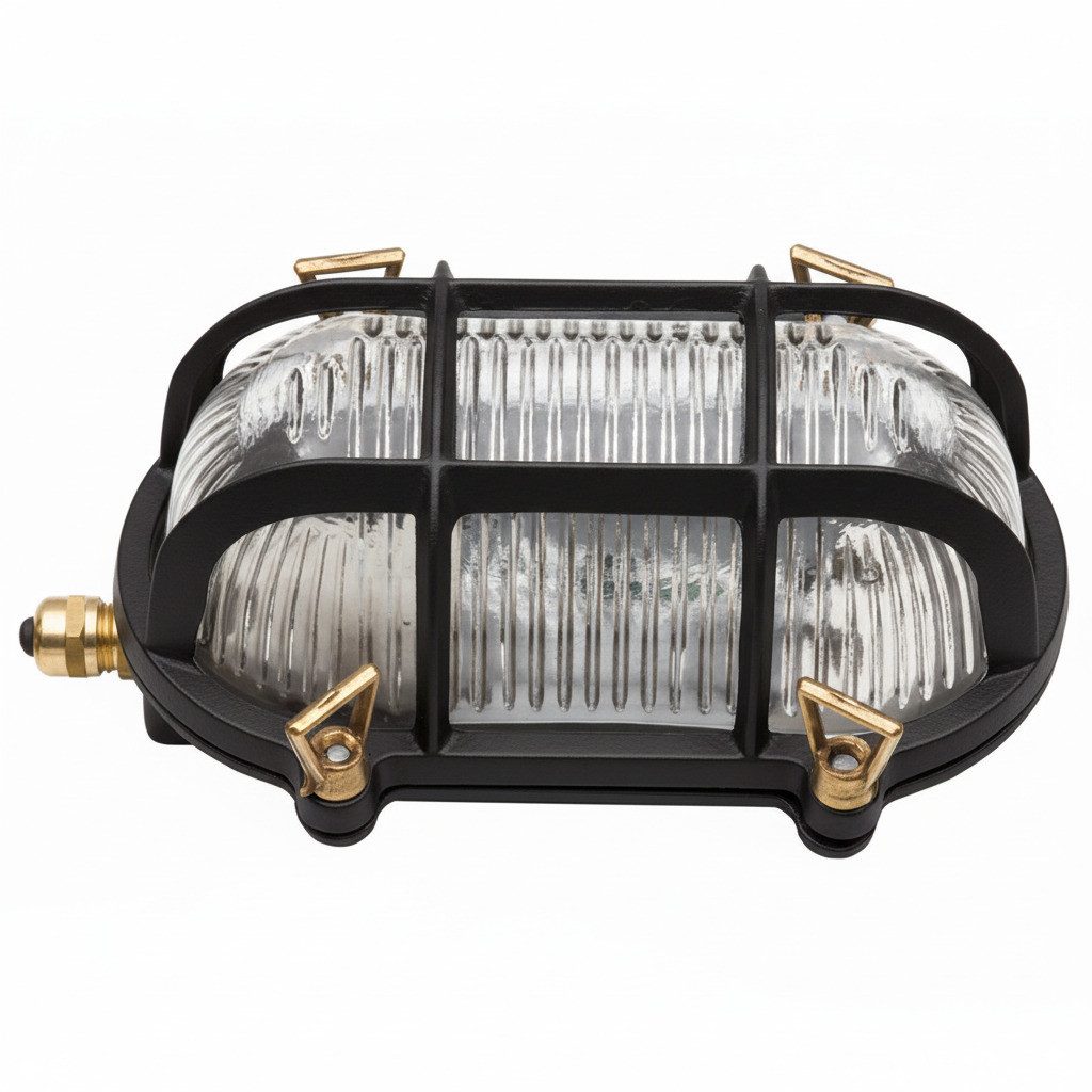 Licht-Erlebnisse Außen-Wandleuchte SKIATHOS, ohne Leuchtmittel, Glas Messing massiv E27 IP64 18 cm breit Schwarz Maritim Ovalleuchte