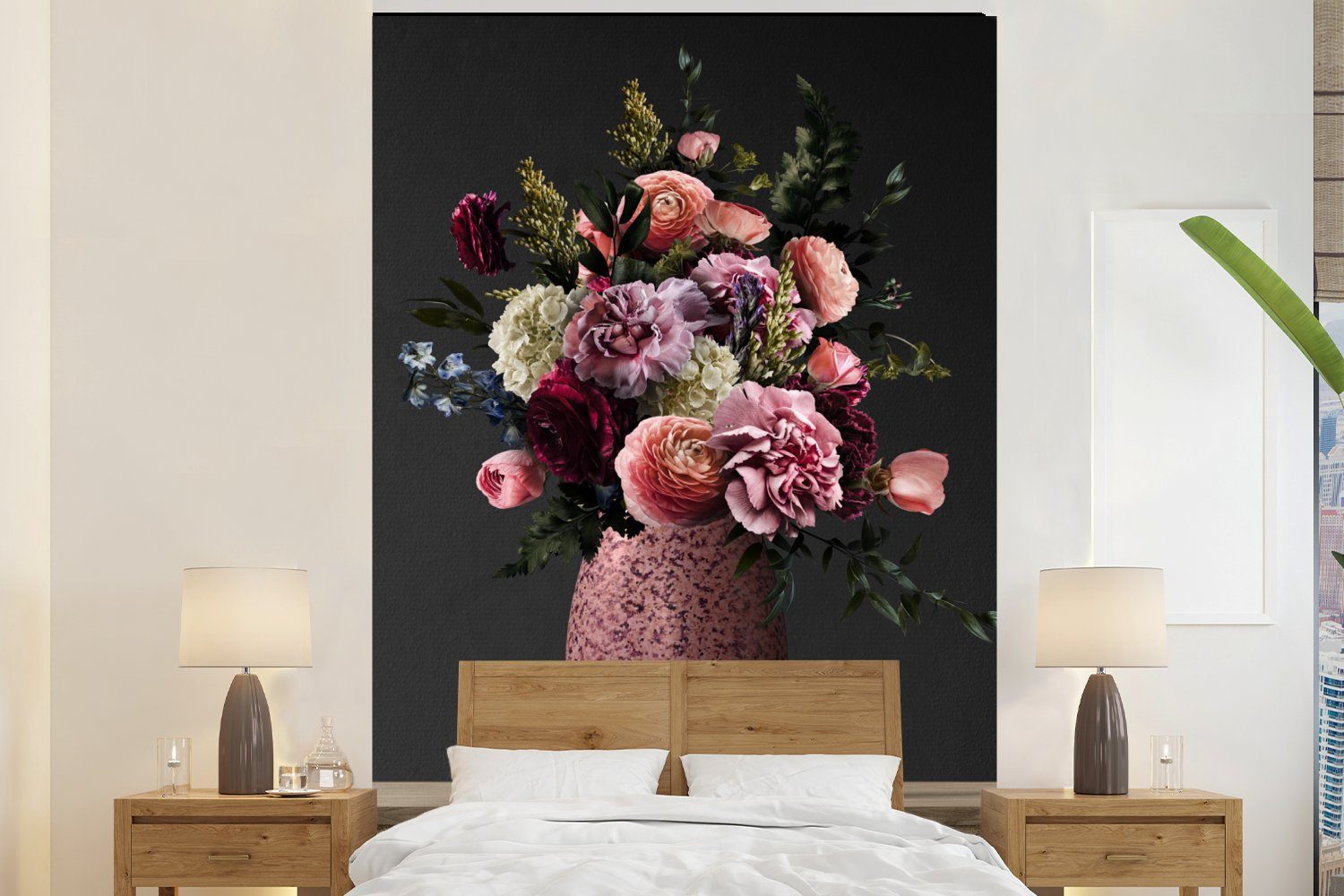 - für (3 - bedruckt, Wohnzimmer, MuchoWow Tapete Farben Montagefertig Blumen Vinyl Fototapete Vase, Wandtapete Matt, St),