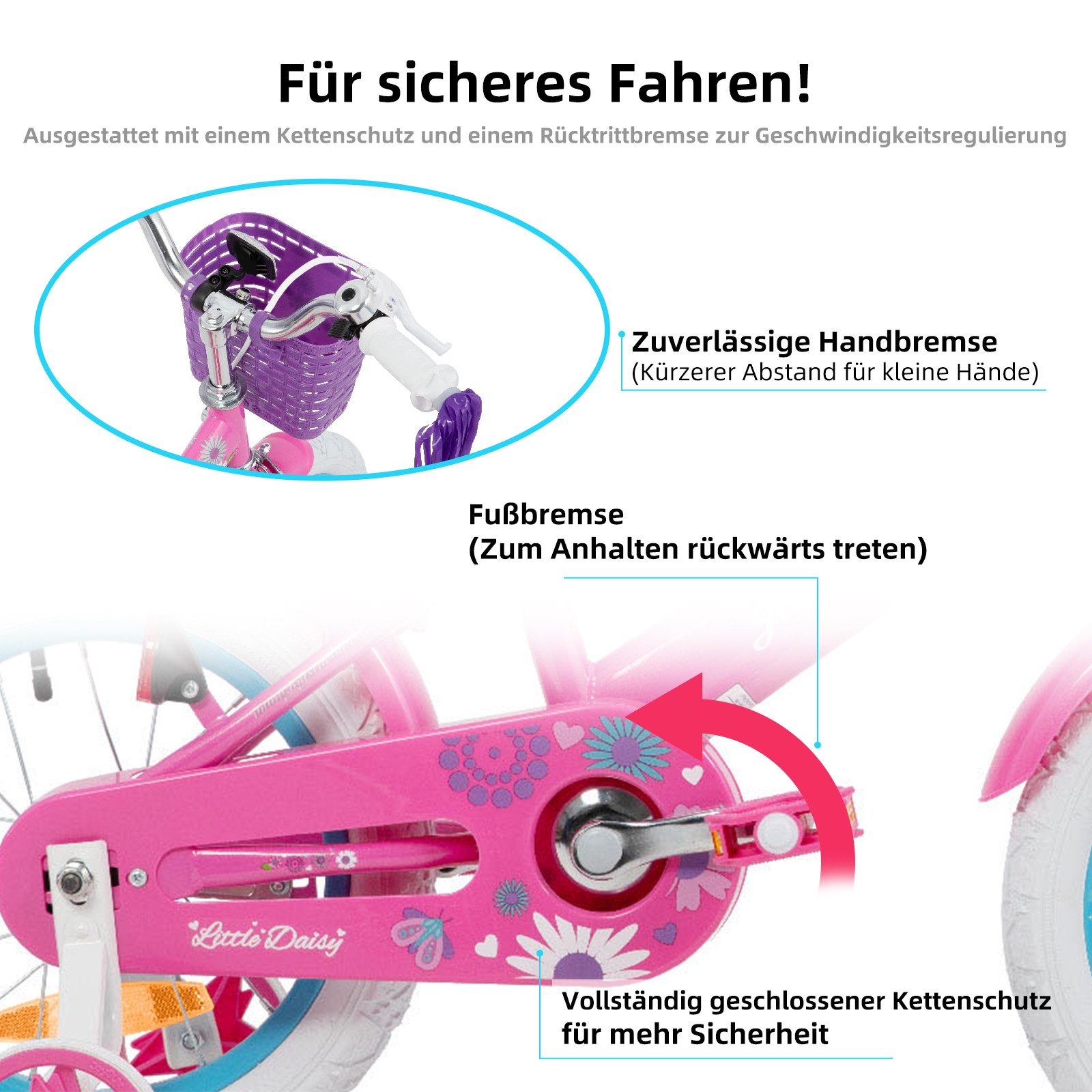 JOYSTAR Kinderfahrrad 12, 14, 16 Zoll Mädchenfahrrad, 3 - 8 Jahre,Geschenk für Prinzessin, 1 Gang, Mit Hilfsrädern, farbigen Bändern, Korb, Reflektor, Kettenabdeckung