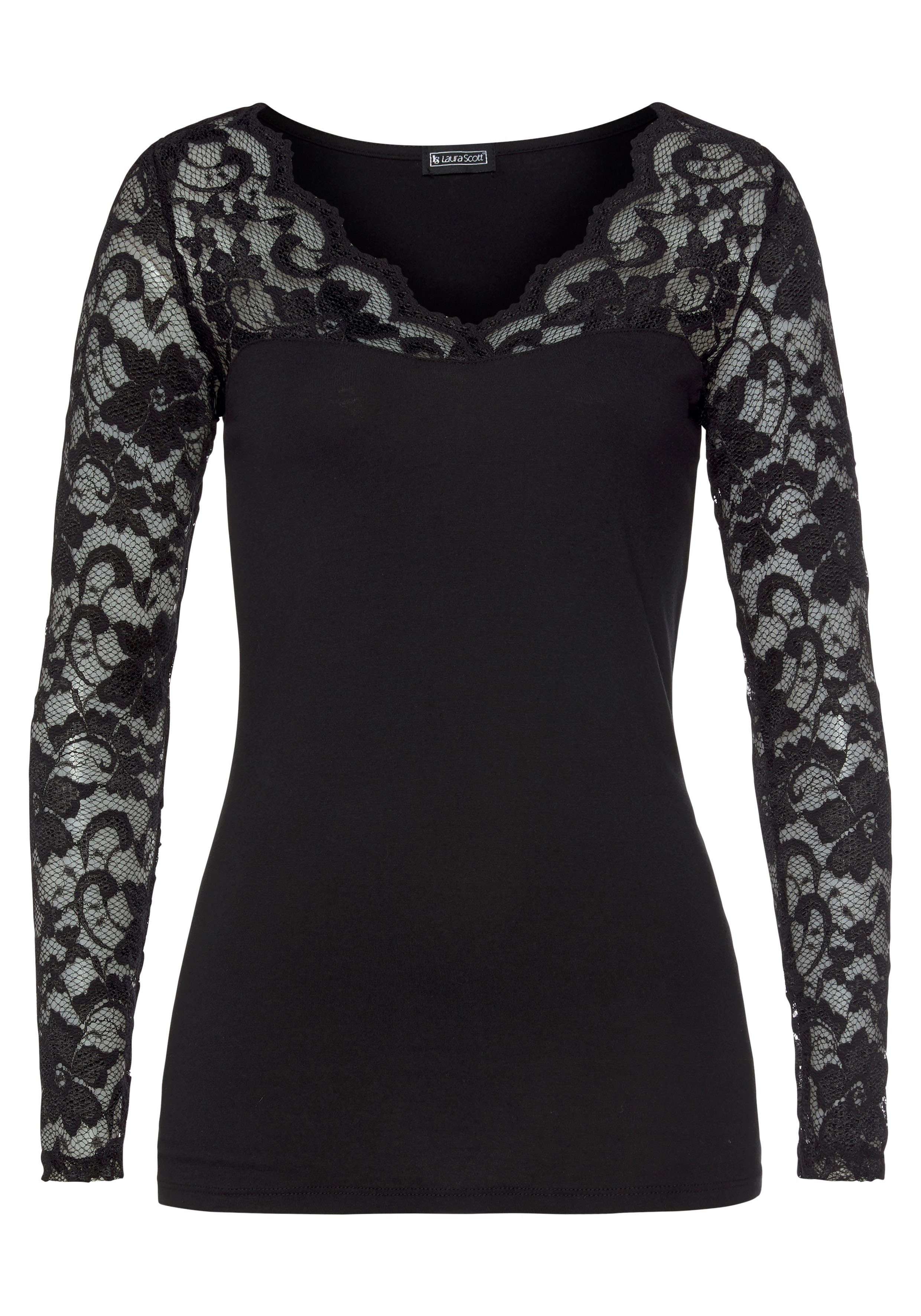 Laura Scott Spitzenshirt Langarm, sehr figurbetonte Passform, aus Baumwollmischung