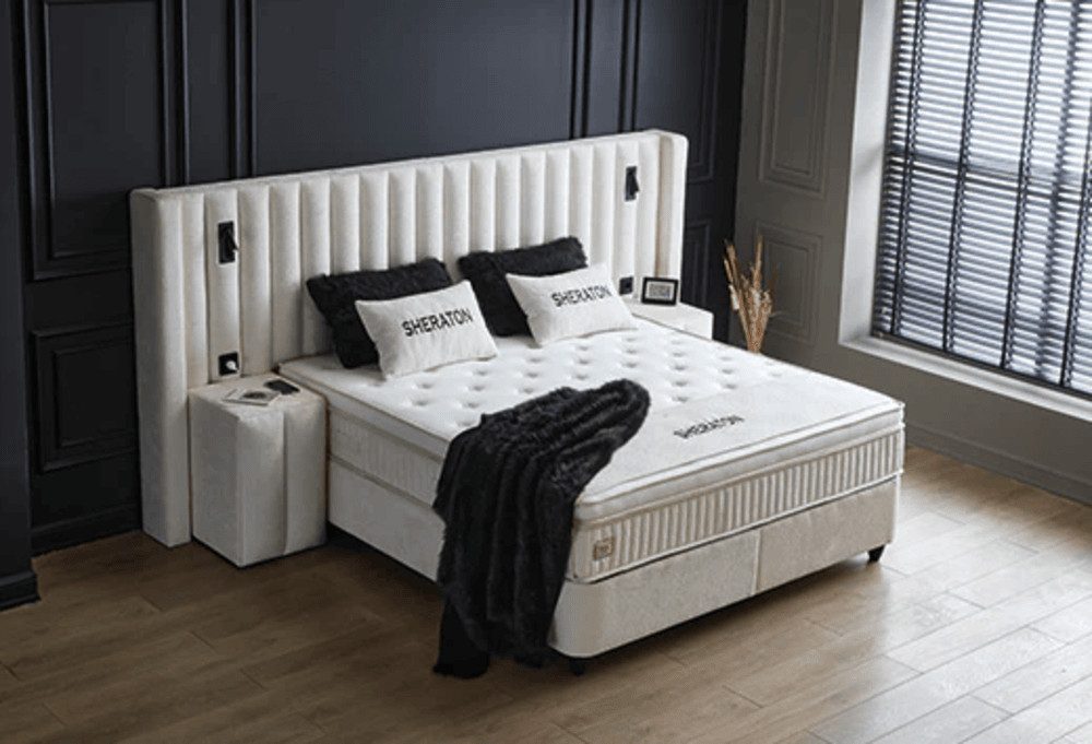 abc bedding Boxspringbett Boxspringbett SHERATON in stilvollem hellbeigem Creme-Stoffdesign, Voll-orthopädisches Schlafsystem inklusive Bettkasten
