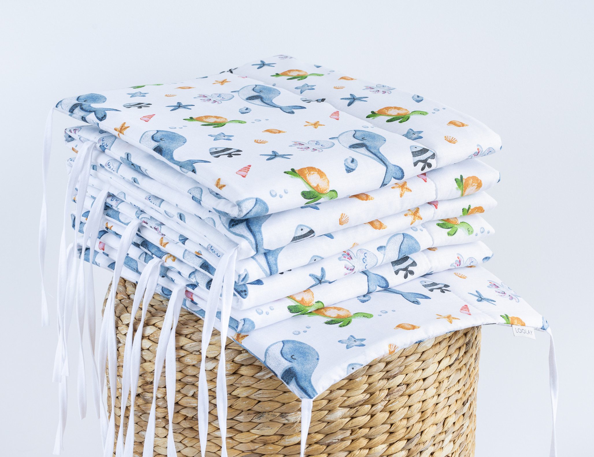 Loolay Bettnestchen Meer Ozean Wal Fische Schildkröte Baumwolle Babybett BETTUMRANDUNG, (Bett 140 x 70cm - 420, 210 cm; 120 x 60cm - 360, 180 cm, Babyausstattung Umrandung Kopfschutz Kantenschutz Bettschlange), PREMIUM Baby GESCHENK! 100% Bio Baumwolle!