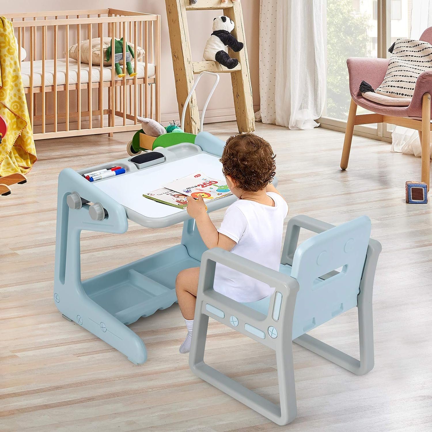 Stuhl blau (2-St), KOMFOTTEU verstellbarer mit Zeichentisch mit Stauraum, Kinderschreibtisch