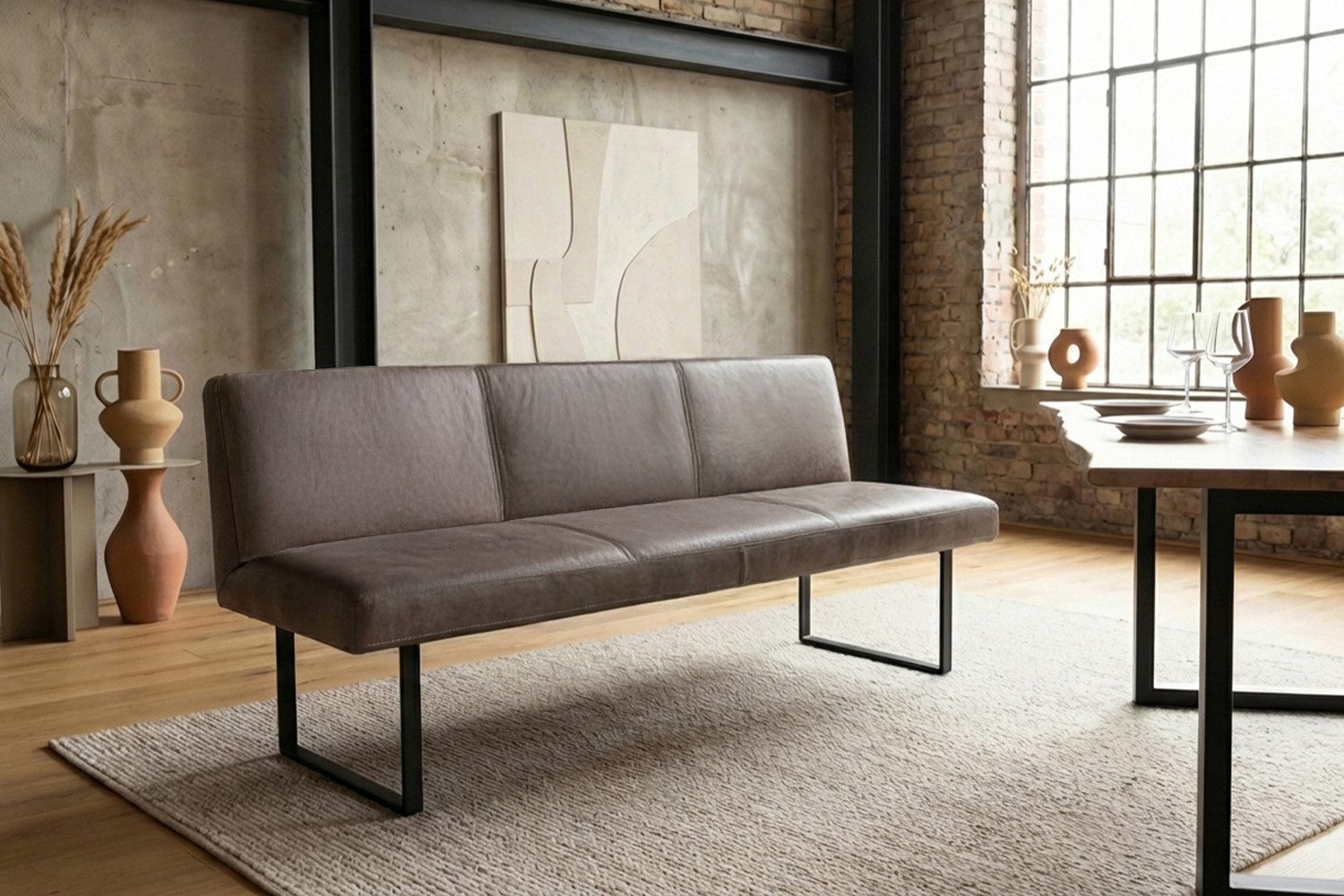 KAWOLA Sitzbank ELEEN Esszimmerbank Leder pigmentiert – modernes Design, 203 cm Breite, hoher Sitzkomfort, Metallgestell schwarz