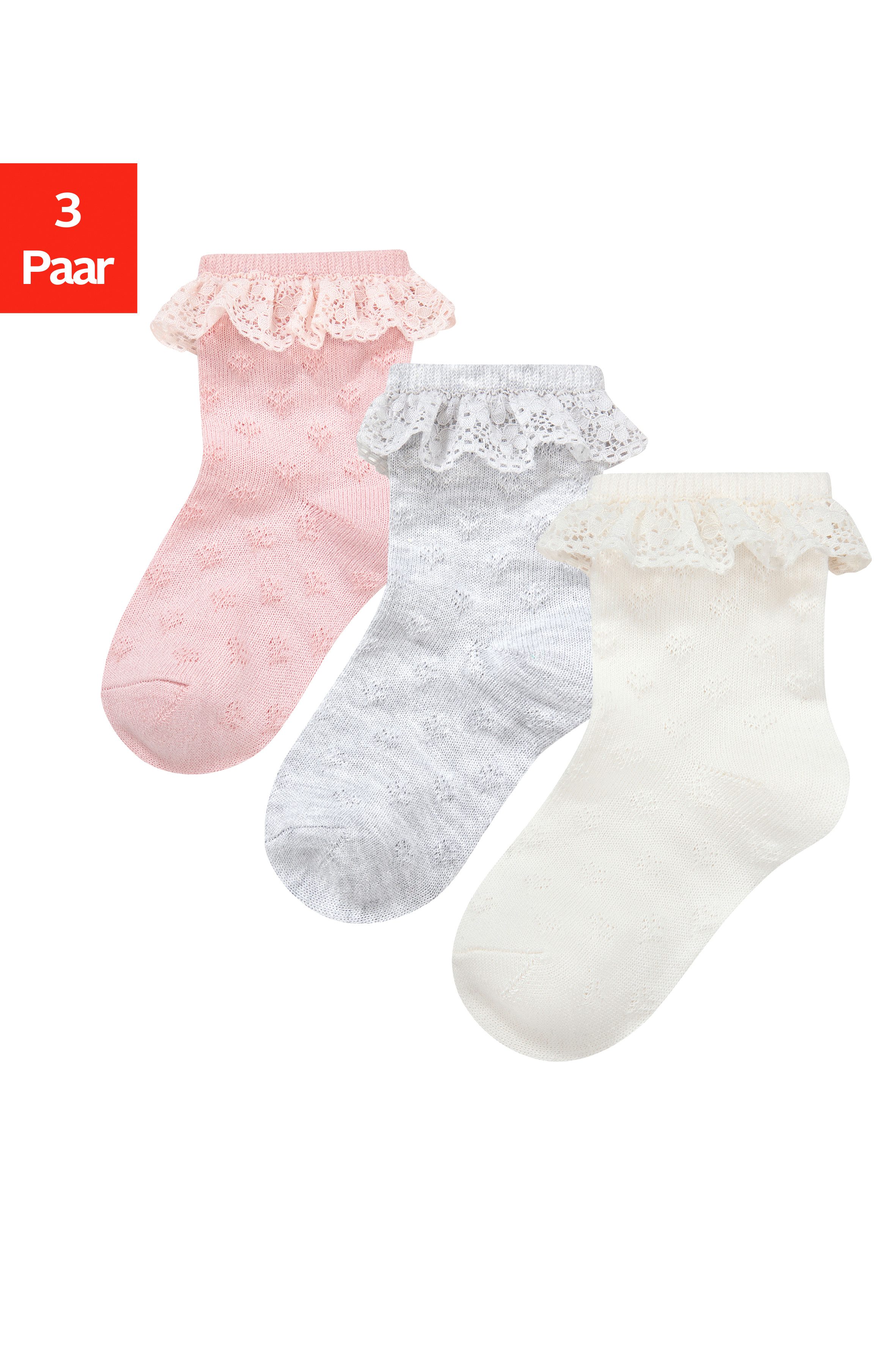 H.I.S Socken Babysocken Ajour (Packung, 3-Paar, 0-24 Monate) mit feinem Ajour Strickmuster und kleiner Rüsche