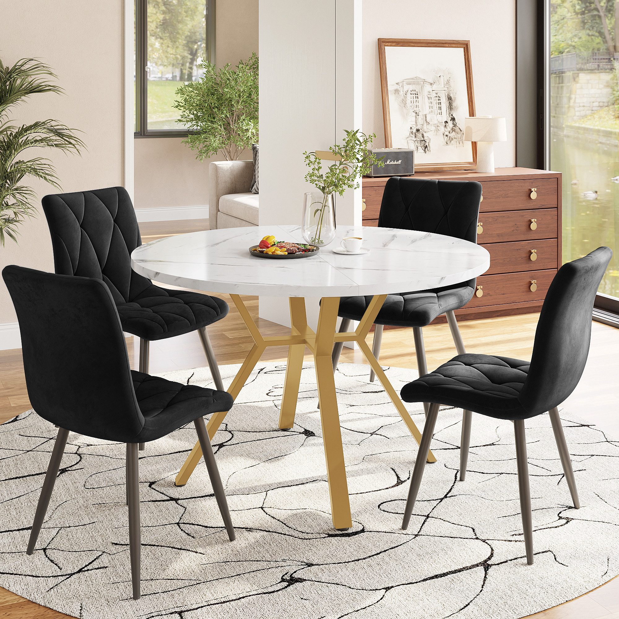 Flieks Essgruppe runder Esstisch mit 4 Stühlen Set, (Set, 5-tlg., 1 Tisch mit 4 Stühlen), Sitzgruppe Küchetisch 100x75cm Esszimmertühle Samt Metallbeine, Esstisch mit Stühlen