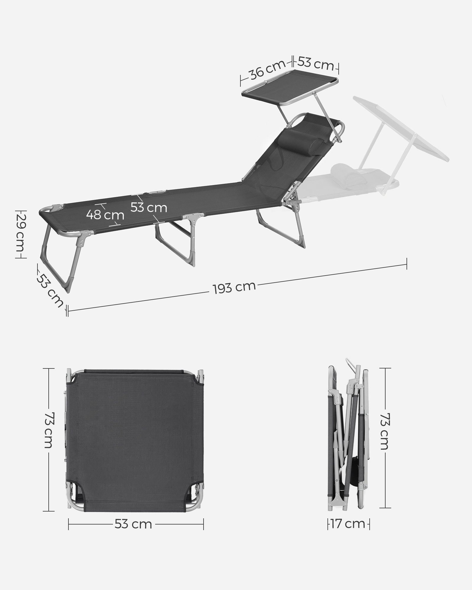SONGMICS Gartenliege Sonnenliege, klappbarer Liegestuhl, für Garten, Pool, Terrasse, 2 St., bis 150 kg belastbar, 193 x 53 x 29 cm, Sonnenschutz, Kopfstütze, ve – Bild 2 von 5
