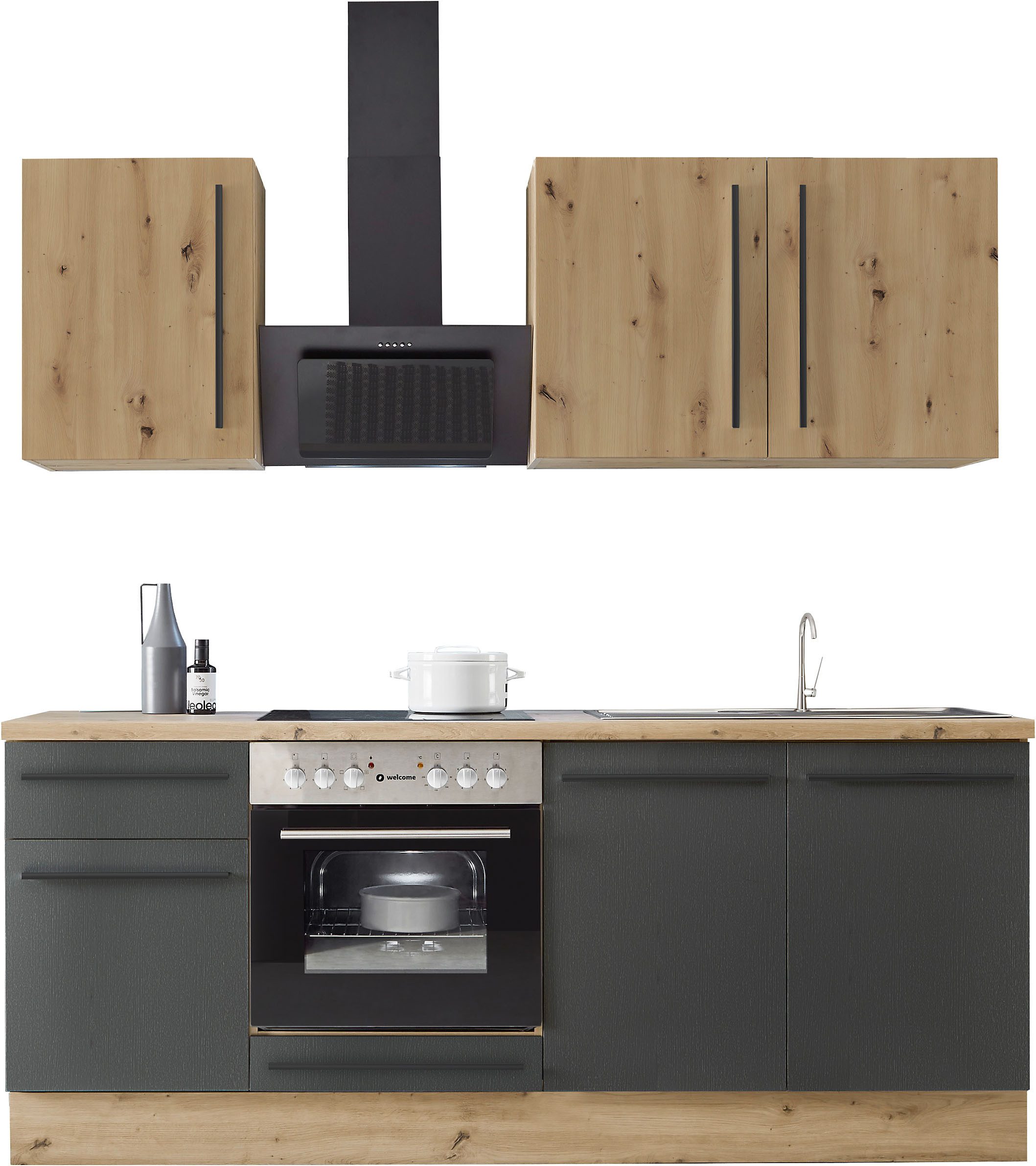 KOCHSTATION Küchenzeile KS-Florida mit 38mm starker Arbeitsplatte, Breite 210 cm, wahlweise mit E-Geräten, mit Soft-Close-Funktion