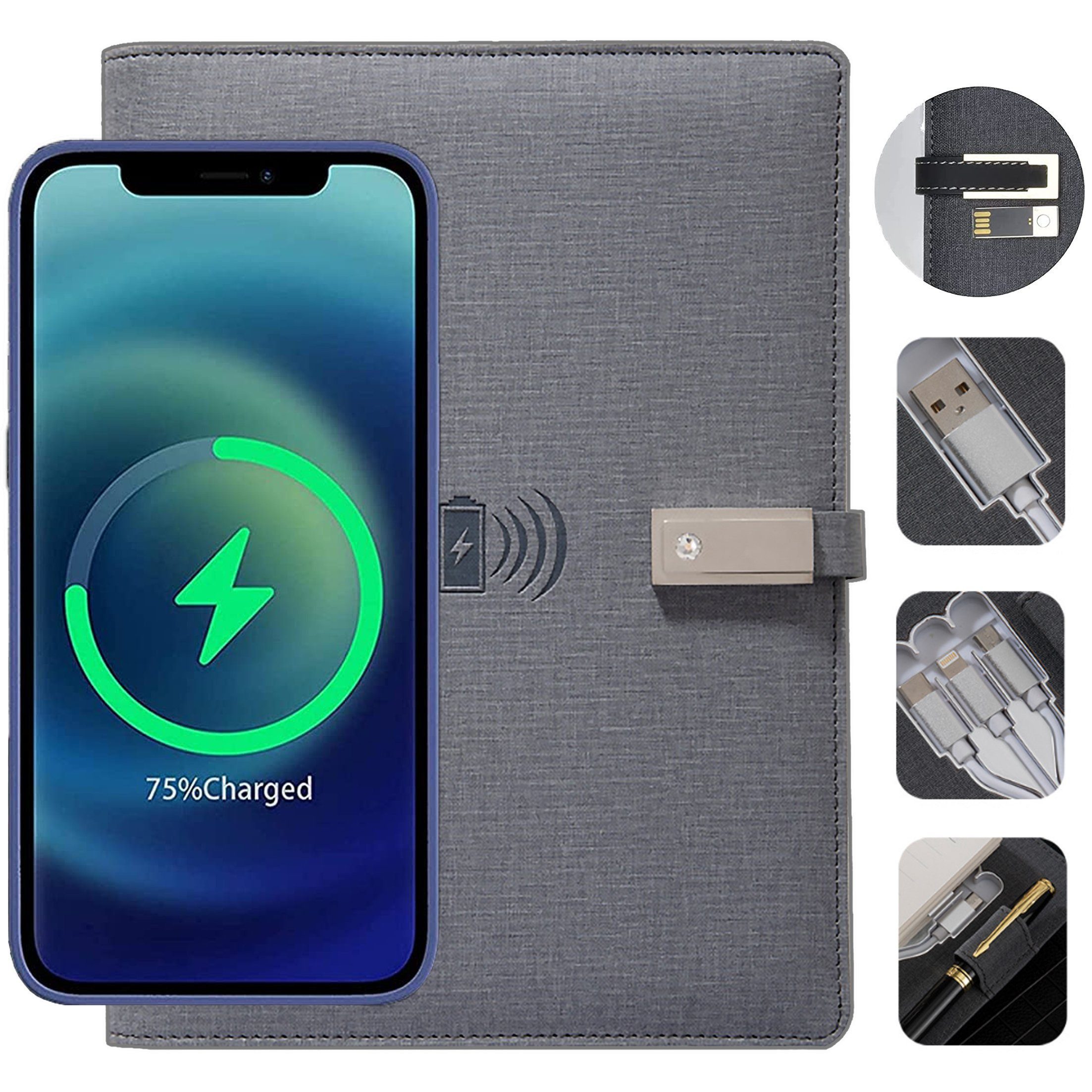 feinlux Speicherladestation Kabellos aufladbares Notizbuch, Ladestation, Set, A5-Loseblattmappe Ladeschale, Mobiler Power-Notizblock mit USB-Stick und Stift, Business-Geschenkset