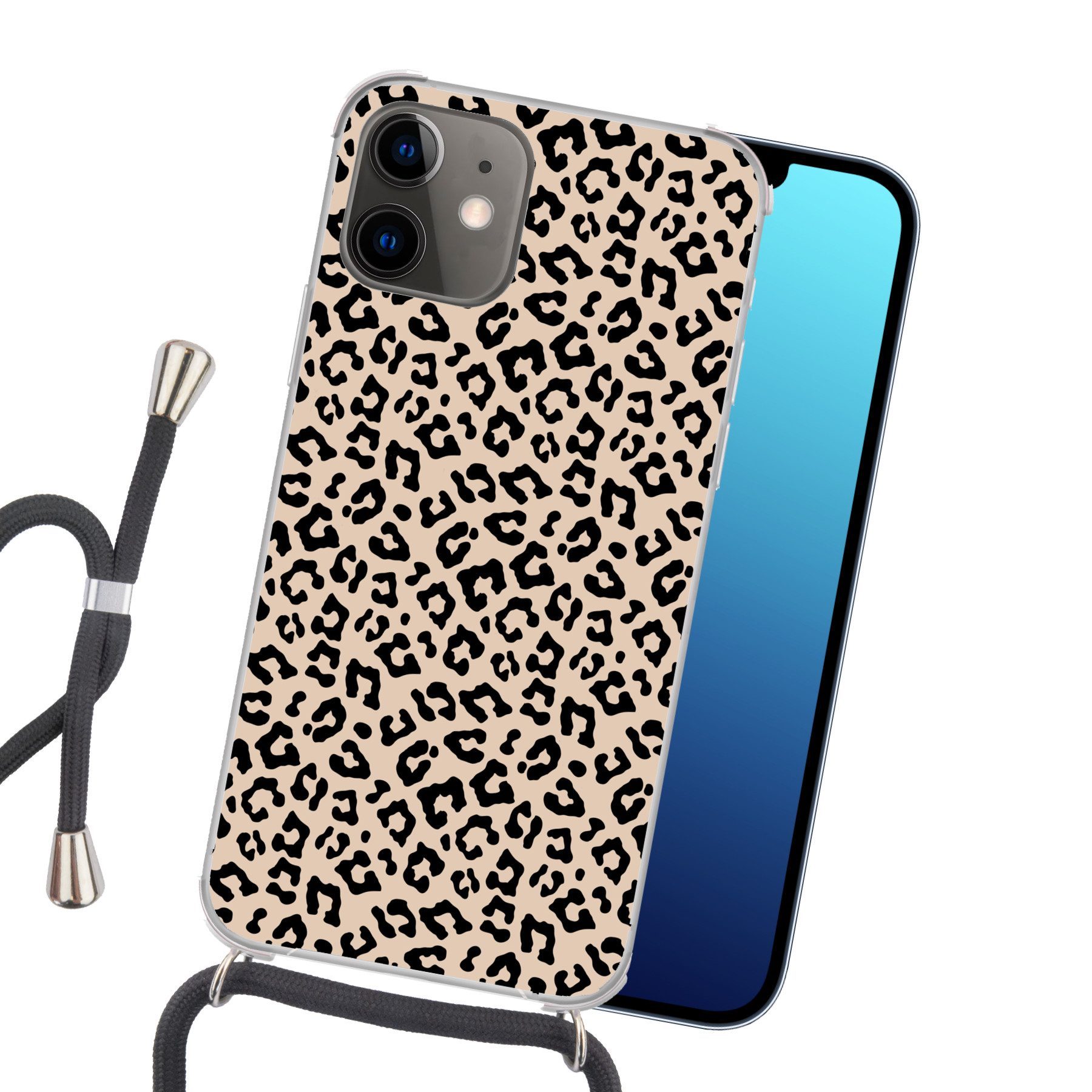 MuchoWow Handyhülle für Apple iPhone 11 Pantherdruck - Schwarz - Braun - Tierdruck, Tragbare Handyhüllen mit Kette zum umhängen, Handykette Handyband