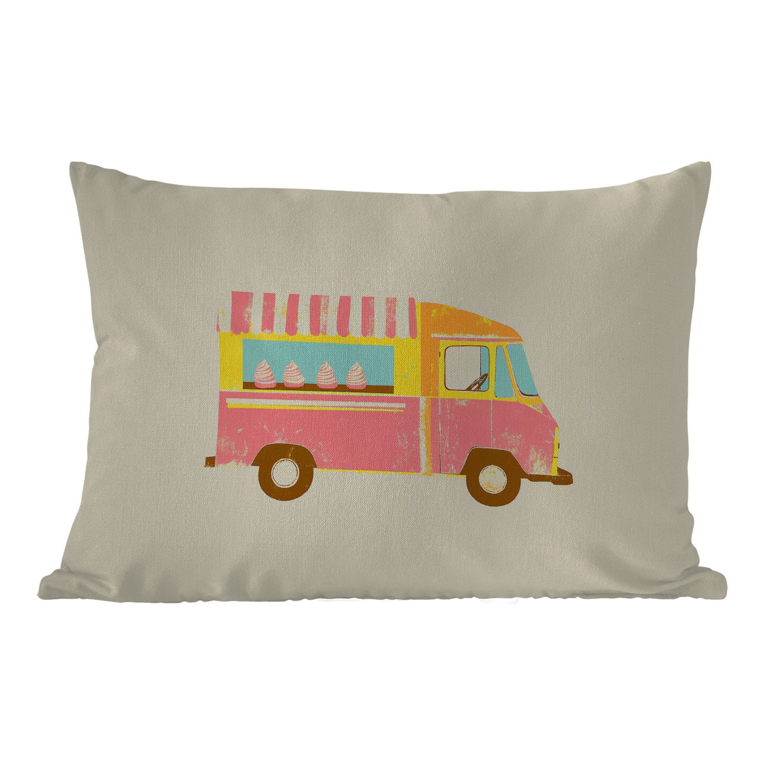 MuchoWow Dekokissen Eiscreme-Wagen - Retro - Softeis - Rosa, Outdoor-Dekorationskissen, Kissen, Kissenbezug, 50x30 cm