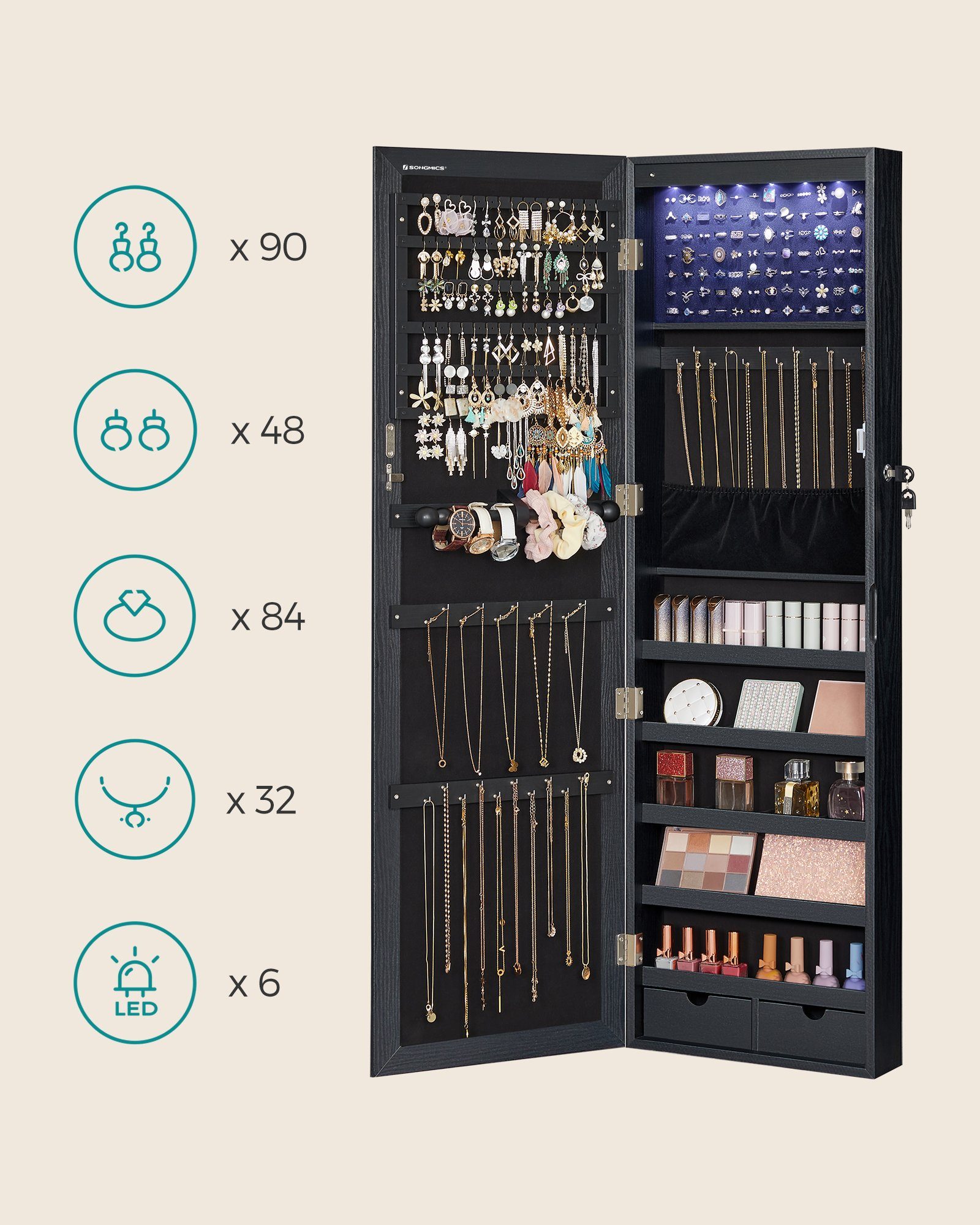 SONGMICS Schmuckschrank Spiegelschrank Wandspiegel Schmuck-Organizer mit LED Beleuchtung and Spiegel