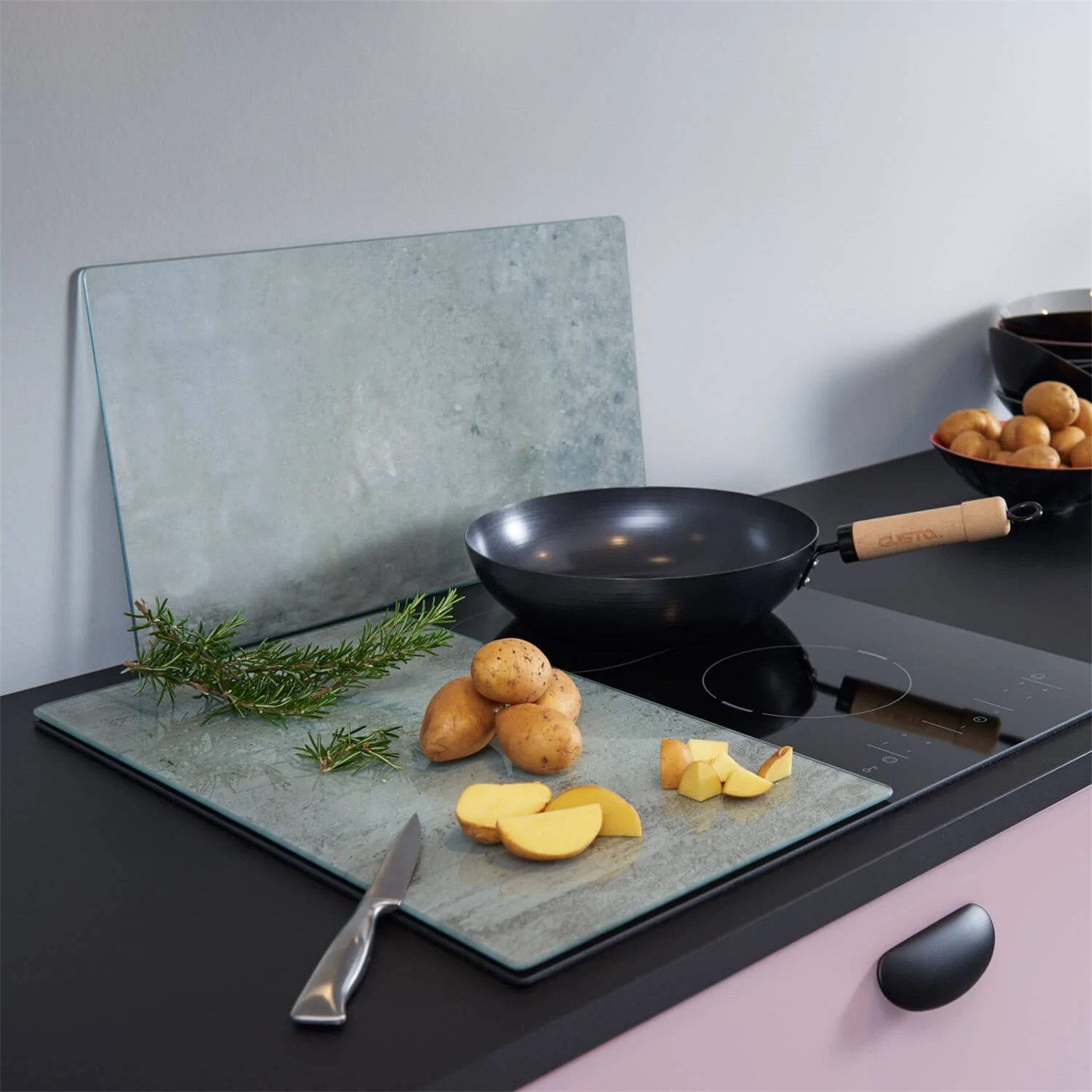 LEONARDO Schneide- und Abdeckplatte Herdabdeckplatten 2er-Set Cucina Steinopotik, Glas, (Set, 2 tlg., 2 Herdabdeckplatten), Spritzschutz Schneidebrett Untersetzer