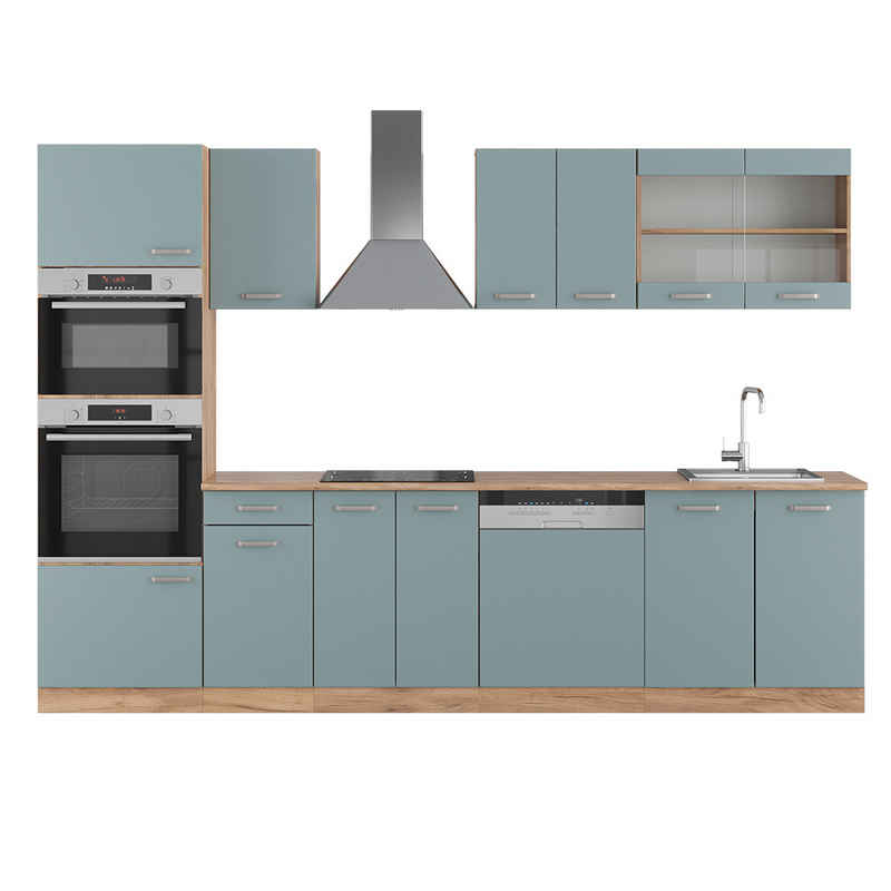 Vicco Küchenzeile R-Line, Blau-Grau/Eiche, 300 cm mit Hochschrank, ohne Arbeitsplatte