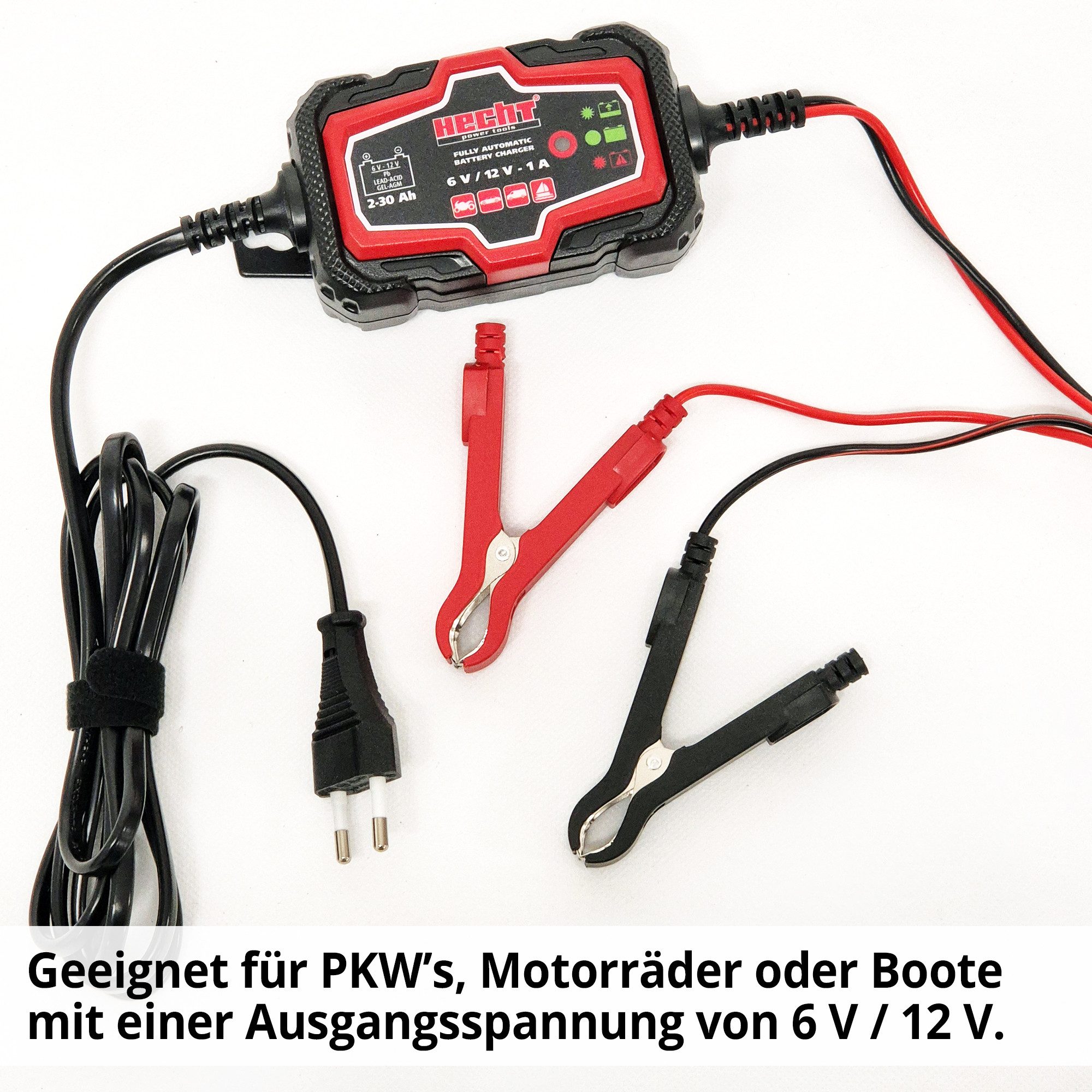 Hecht 2030 Erhaltungsladegerät 6V 12V 1A AGM GEL Blei IP65 2-30 Ah Batterie-Ladegerät (1000 mA, Vollautomatisch, Batteriepflege, Überwinterung, wetterfest)