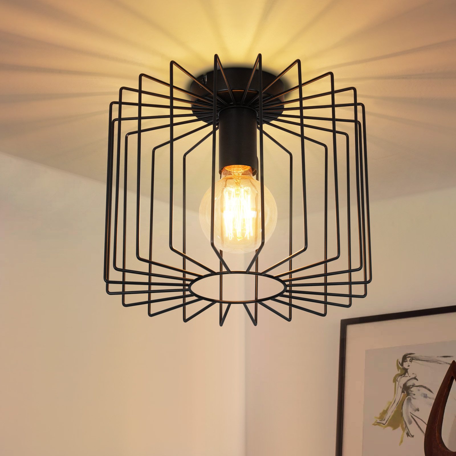 Nettlife Deckenleuchte Vintage E27 Schwarz Käfig Deckenlampe 27CM Metall Retro Flurlampe, LED wechselbar, Industrial Deckenbeleuchtung für Küche Schlafzimmer Balkon Eingang