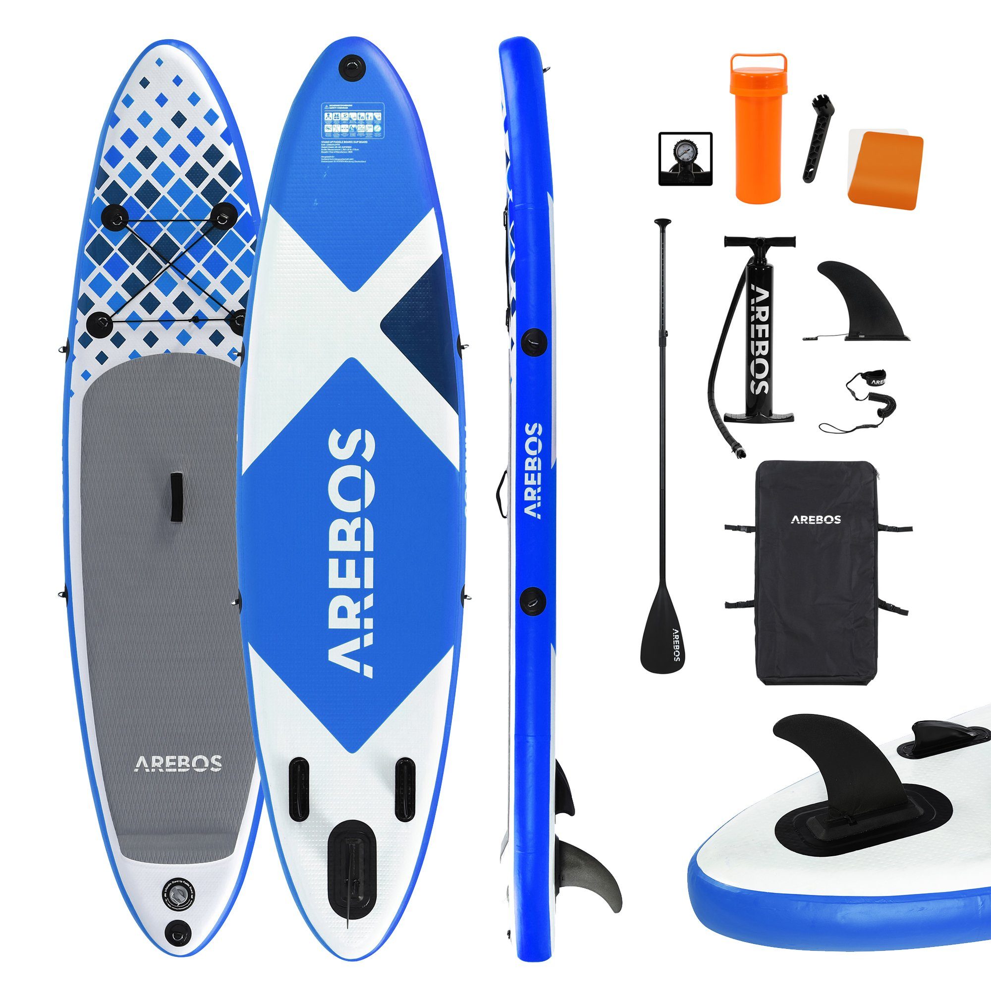 Arebos SUP-Board Stand up Paddling, Surfboard, aufblasbar, Double-Layer, SUP Board, Surfboard, (Set, Alu-Paddel, Hochdruck-Pumpe, Transportrucksack)