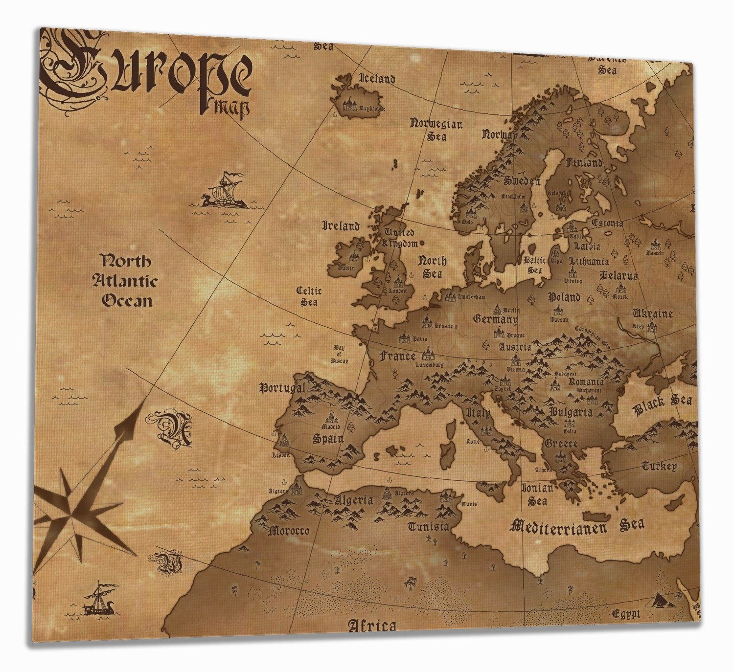 Wallario Herd-Abdeckplatte Alte Weltkarte Karte von Europa in englisch, ESG-Sicherheitsglas, (Glasplatte, 1 tlg., inkl. 5mm Noppen), verschiedene Größen