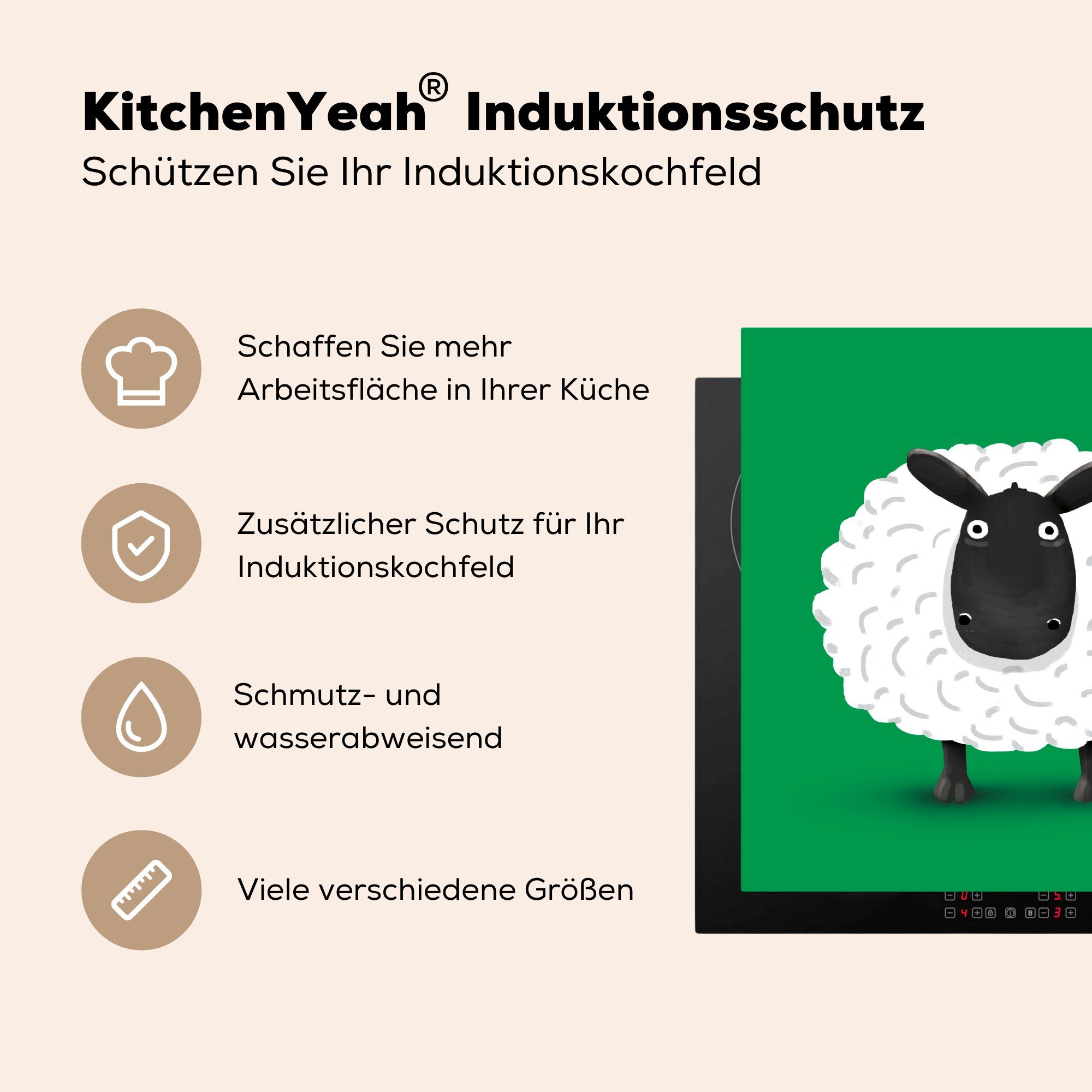 MuchoWow Herdblende-/Abdeckplatte Schafe - Ceranfeldabdeckung, (1 Grün - Arbeitsplatte 78x78 Vinyl, für cm, küche tlg), Illustration