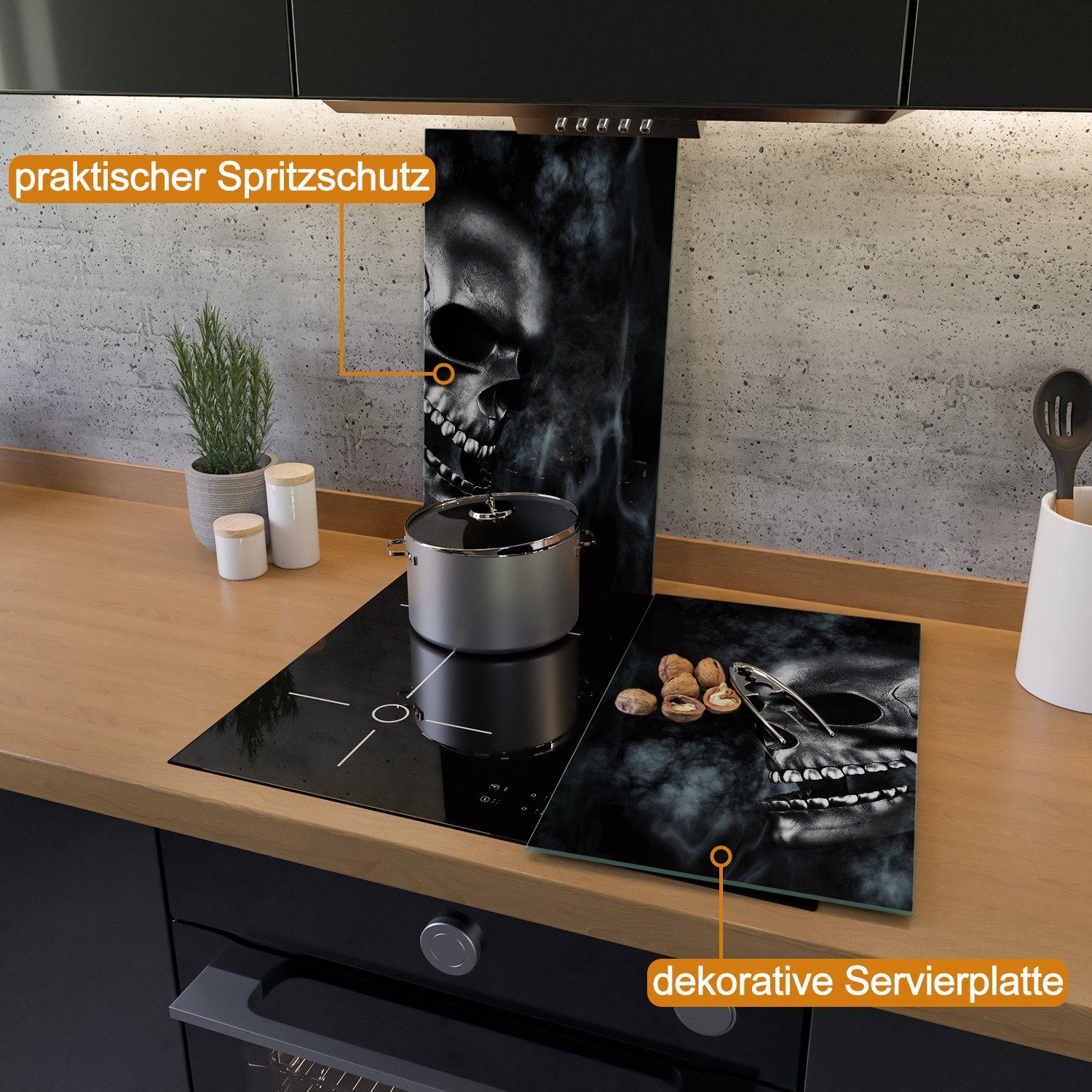Wallario Herd-Abdeckplatte Rauchende Schädel, ESG-Sicherheitsglas, (Glasplatte, 2 tlg., inkl. 5mm Noppen), verschiedene Größen