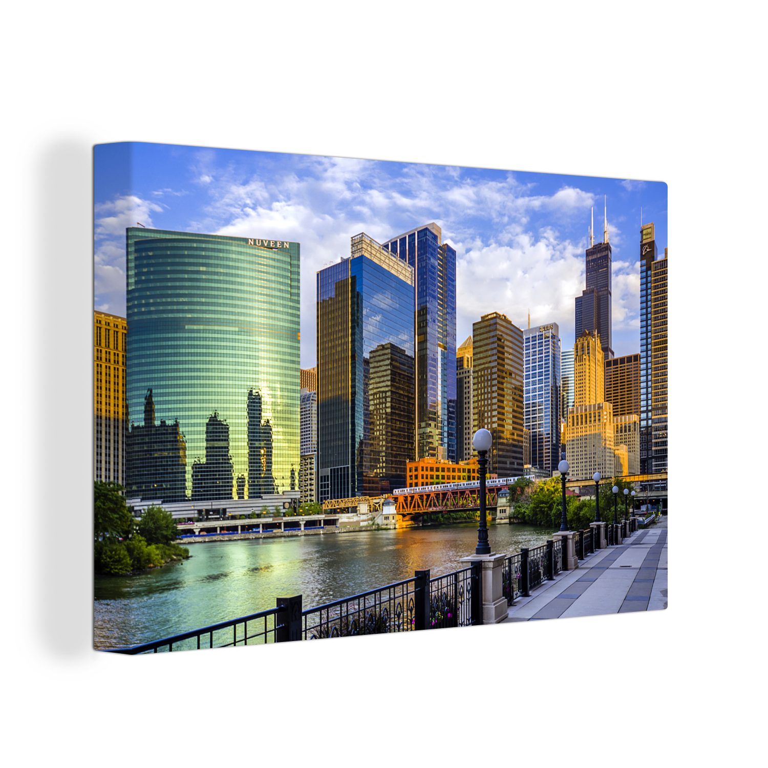 OneMillionCanvasses® Leinwandbild Chicago - Fluss - Turm, (1 St), Wandbild Leinwandbilder, Aufhängefertig, Wanddeko, 30x20 cm