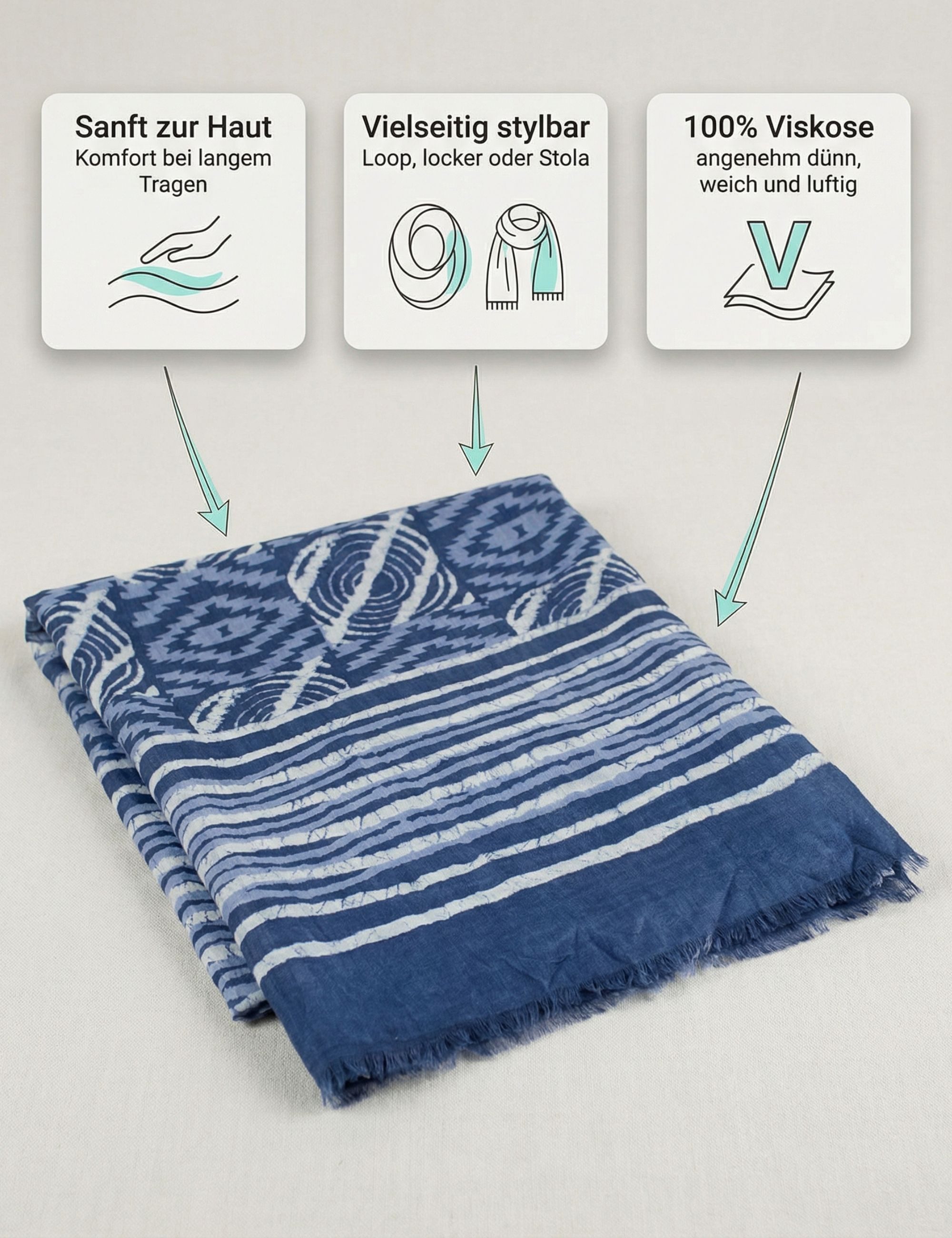 Sunsa Modeschal Winterschal XXL Große Stola Halstuch Schal aus 100% Viskose, Indigo Stil