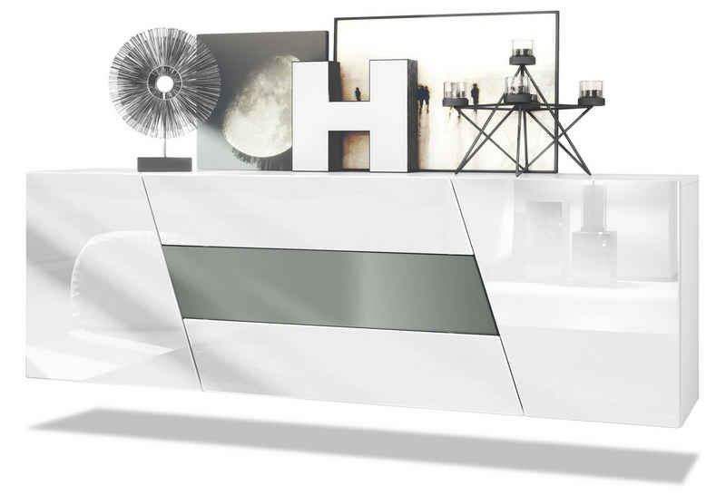 Vladon Sideboard Houston (hängende Kommode, mit 2 Türen und 3 Schubladen), Weiß matt/Weiß Hochglanz/Graphit Seidenmatt (178 x 57,5 x 38,5 cm)
