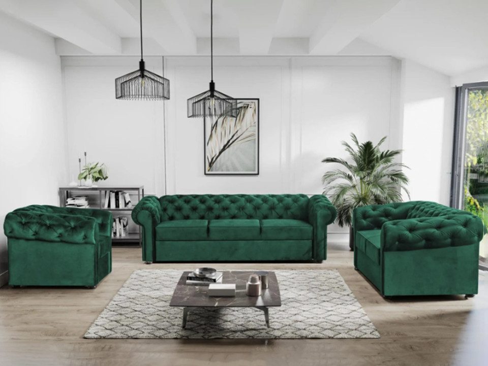Beautysofa Polstergarnitur Chester, (Sessel + 2-Sitzer Sofa + 3-Sitzer Sofa mit Steppung), Couchgarnitur im Chesterfield Stil inkl. Wellenunterfederung