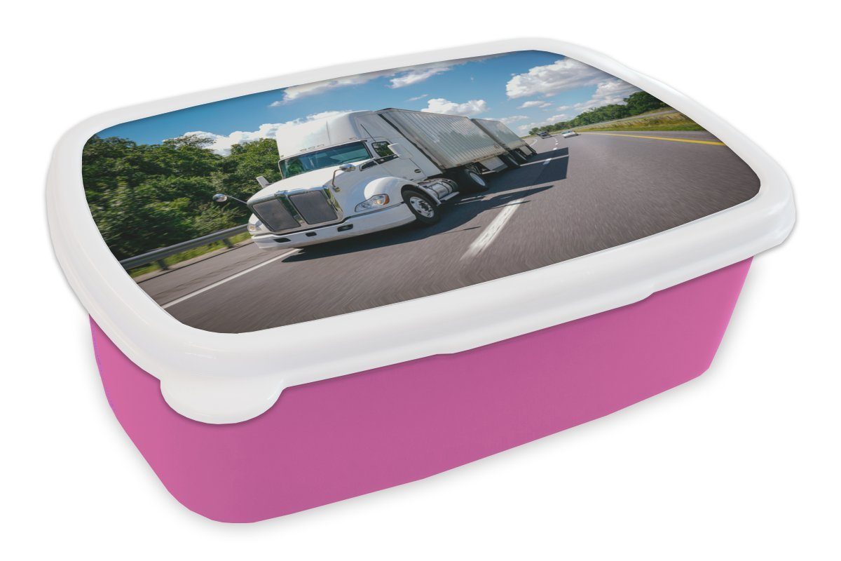 Autobahn, MuchoWow Lastkraftwagen Snackbox, einer (2-tlg), Erwachsene, Mädchen, Lunchbox Kinder, Brotbox auf Weißer für Kunststoff, Kunststoff Brotdose rosa