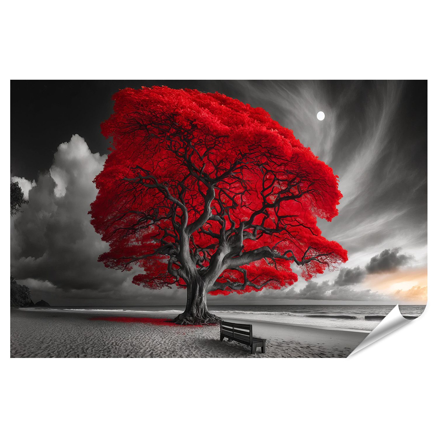 islandburner Leinwandbild Leuchtend roter Baum am Strand bei Mondlicht ...