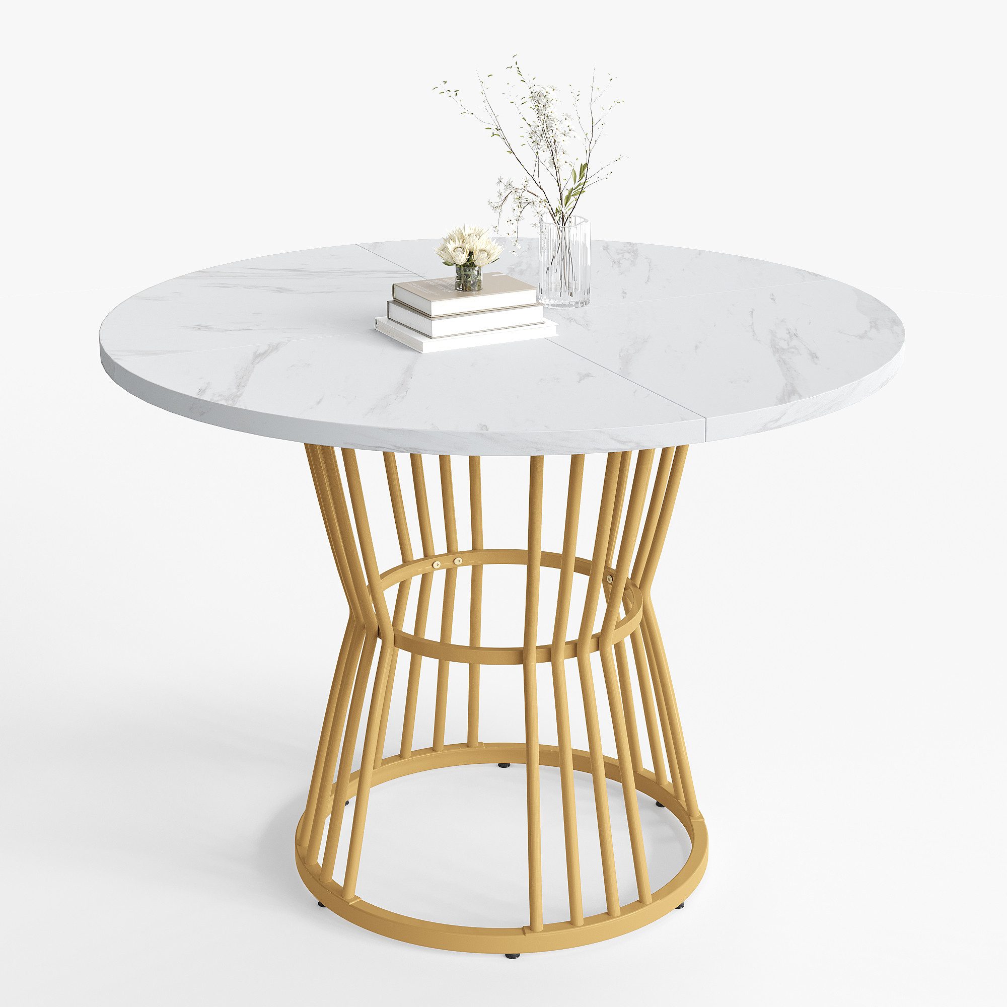 BlingBin Esstisch Moderne Marmor Küchentisch Esstische mit Stabiler Metallrahmen (1er Set, 1-St., Durchmesser: 100cm, Höhe: 75cm, Produkt tragend: 60kg), Frühstückstisch aus Metall und MDF für Esszimmer, Weiß und Golden