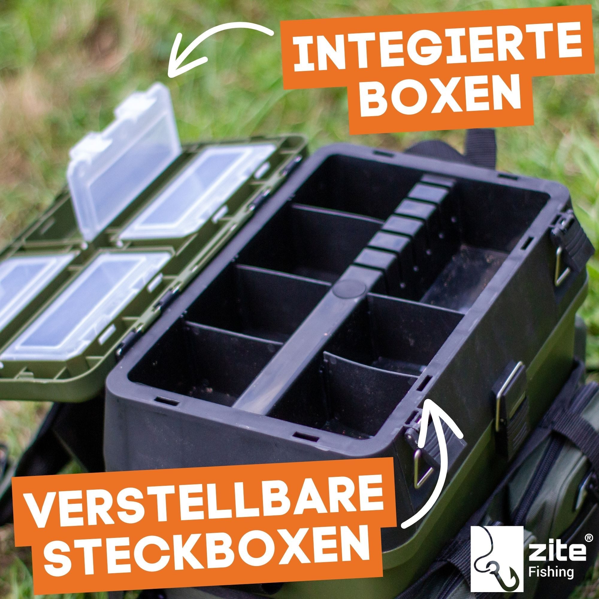 Zite Angelrucksack und Multi-Sitzkiepe in 1 - Inklusive 4 Tackleboxen im Deckel – Bild 5 von 5